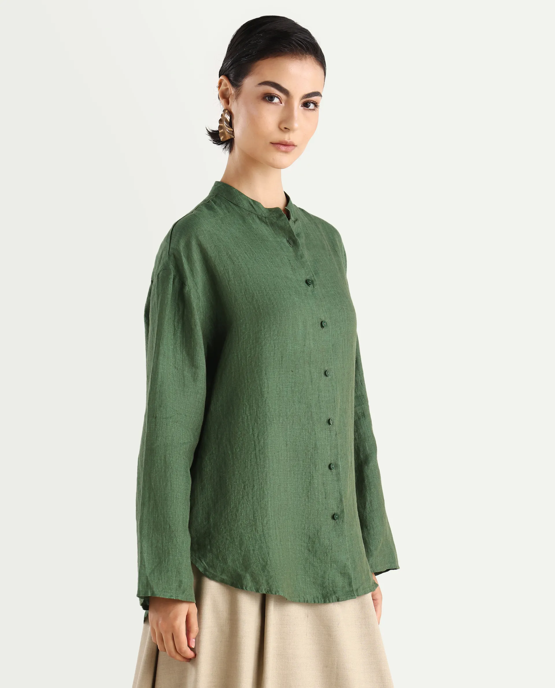Rareism Women's Nent Dusky Green 100% Linen Mandarin Collar Regular Fit Top - Image 6