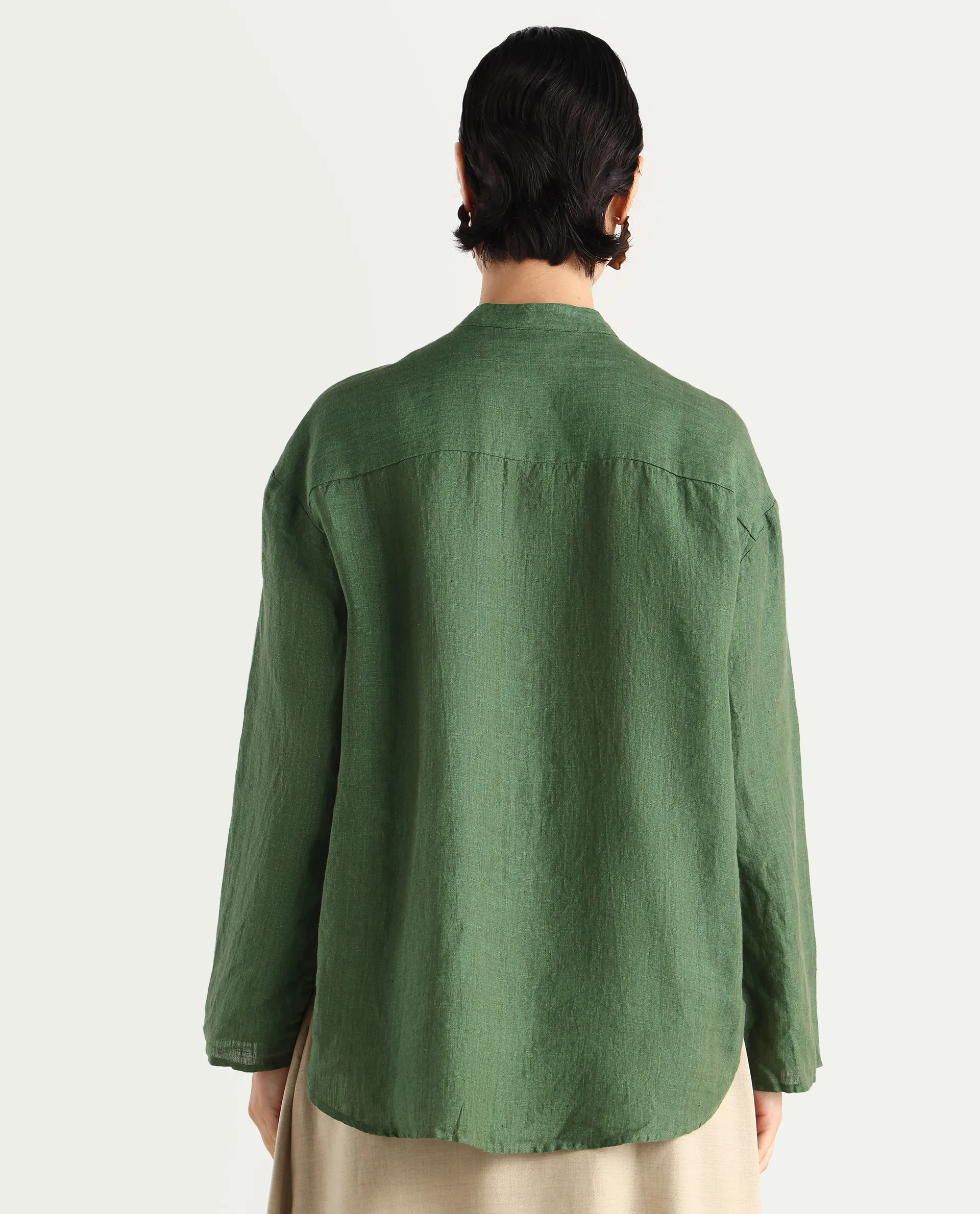 Rareism Women's Nent Dusky Green 100% Linen Mandarin Collar Regular Fit Top - Image 7