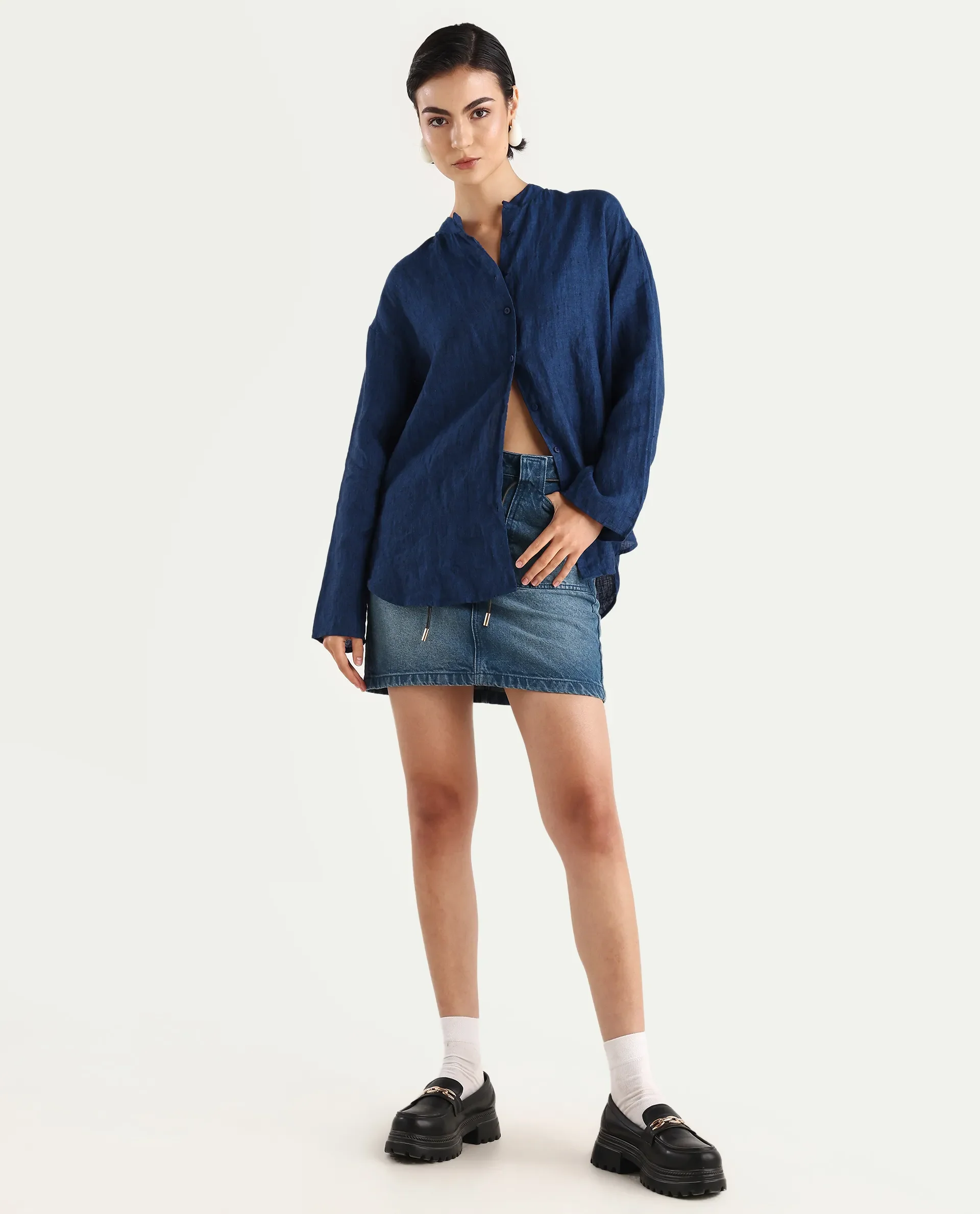 Rareism Women's Nent Navy 100% Linen Mandarin Collar Regular Fit Top - Image 2