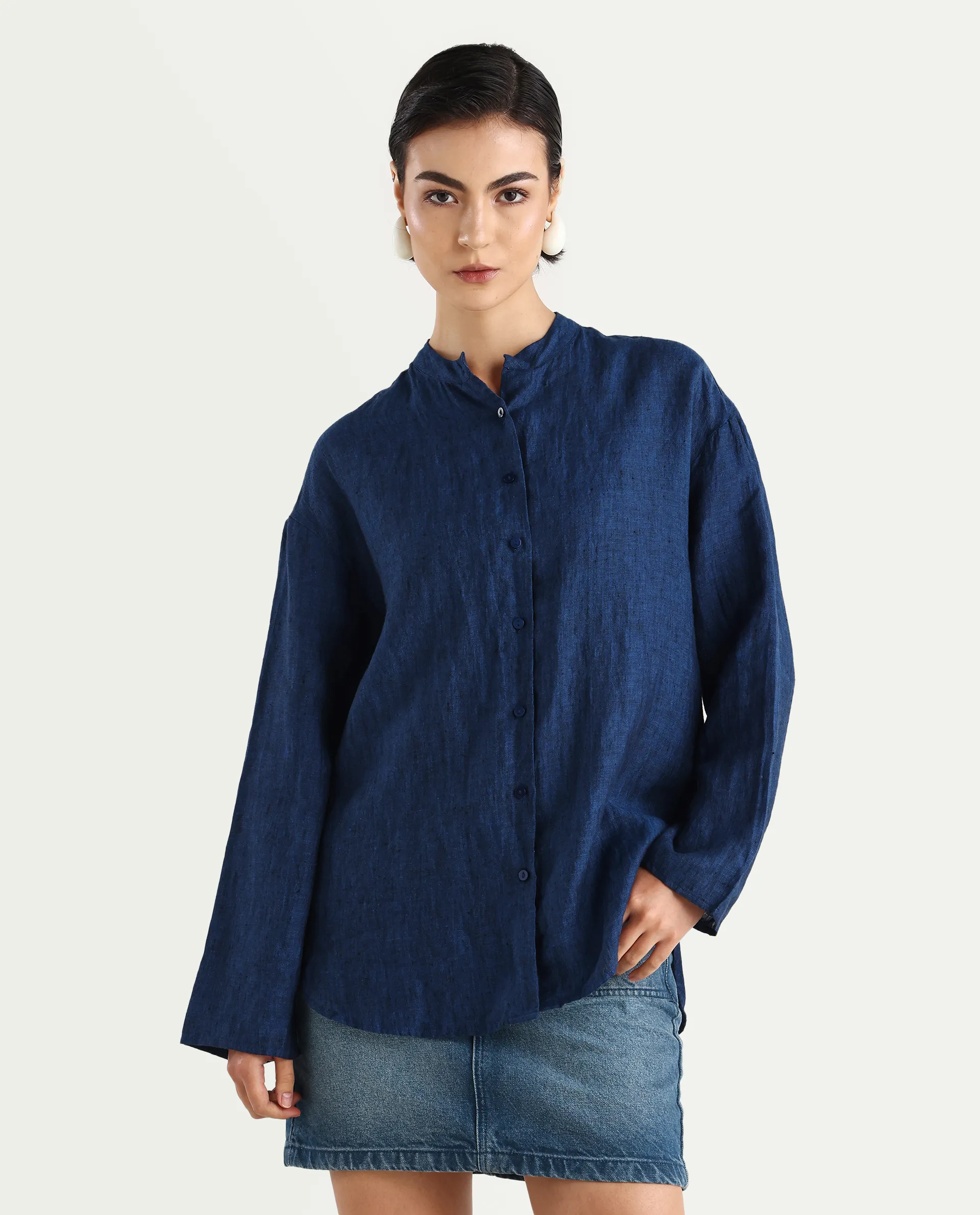 Rareism Women's Nent Navy 100% Linen Mandarin Collar Regular Fit Top - Image 3
