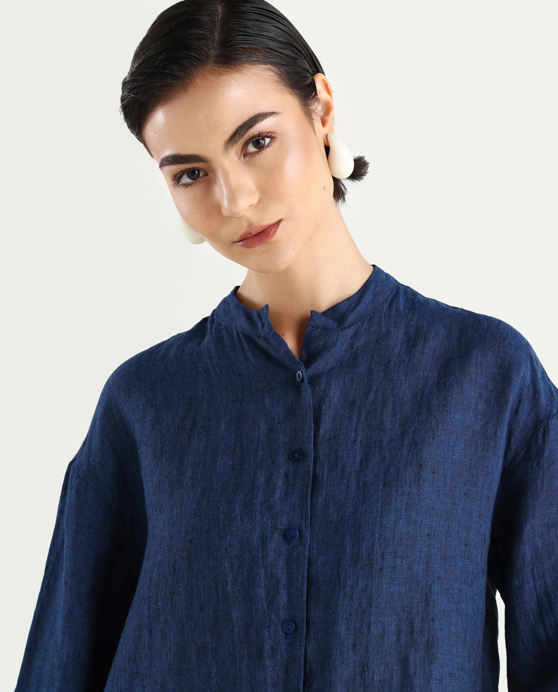 Rareism Women's Nent Navy 100% Linen Mandarin Collar Regular Fit Top - Image 4