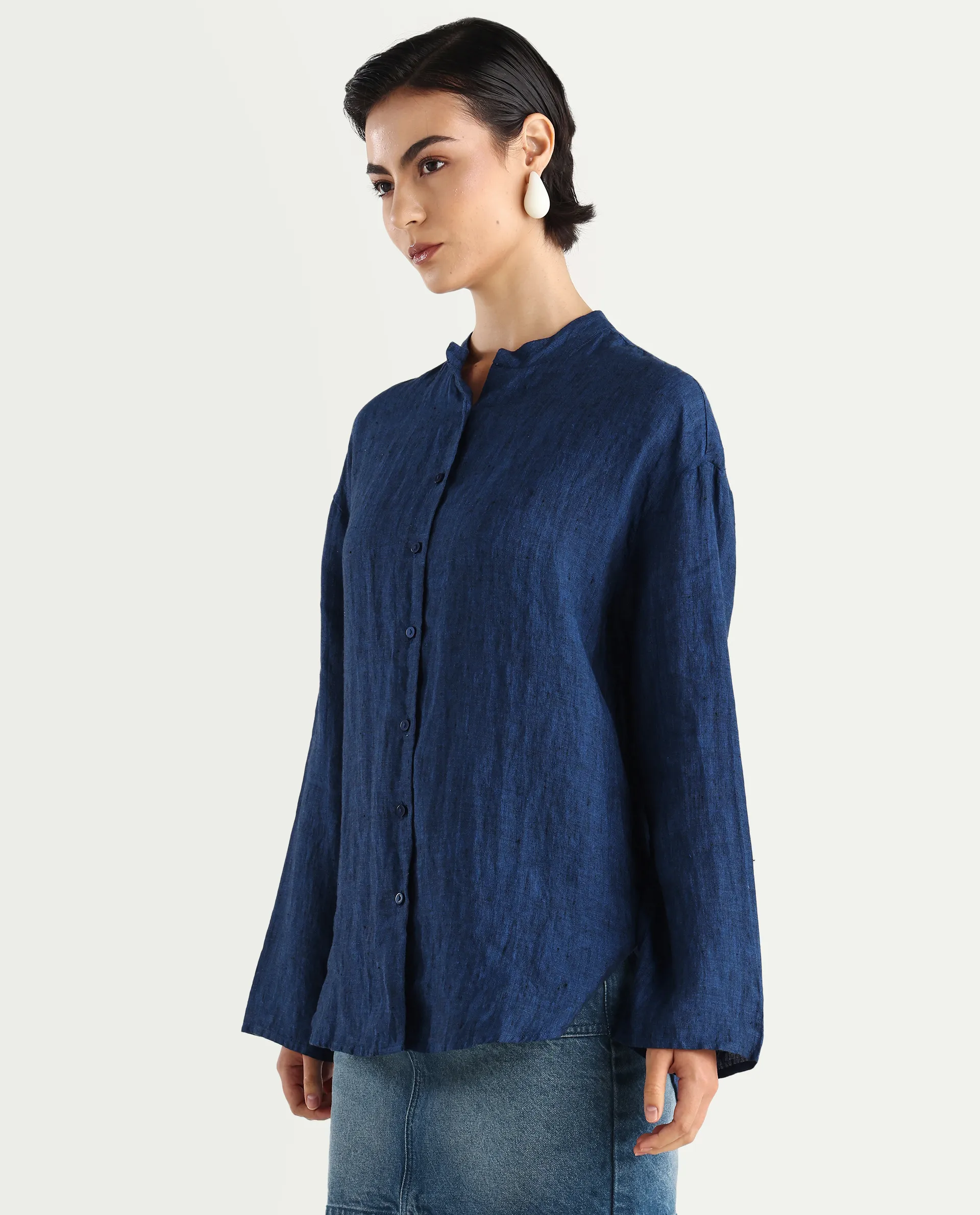 Rareism Women's Nent Navy 100% Linen Mandarin Collar Regular Fit Top - Image 5