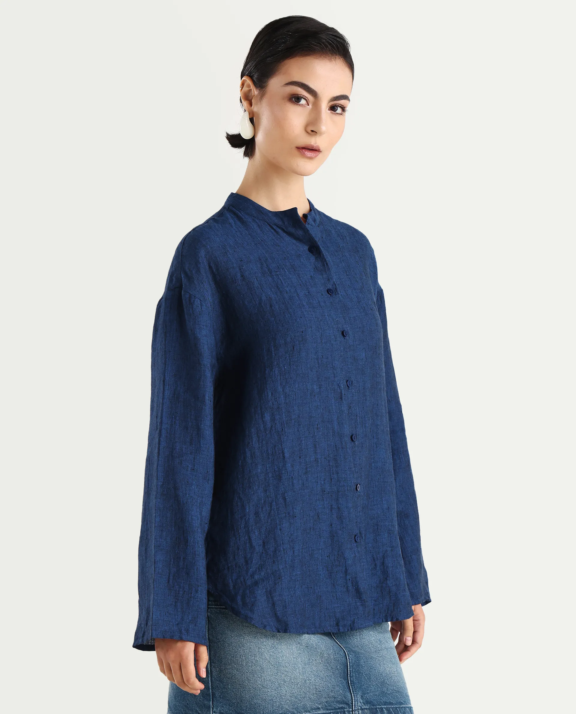 Rareism Women's Nent Navy 100% Linen Mandarin Collar Regular Fit Top - Image 6