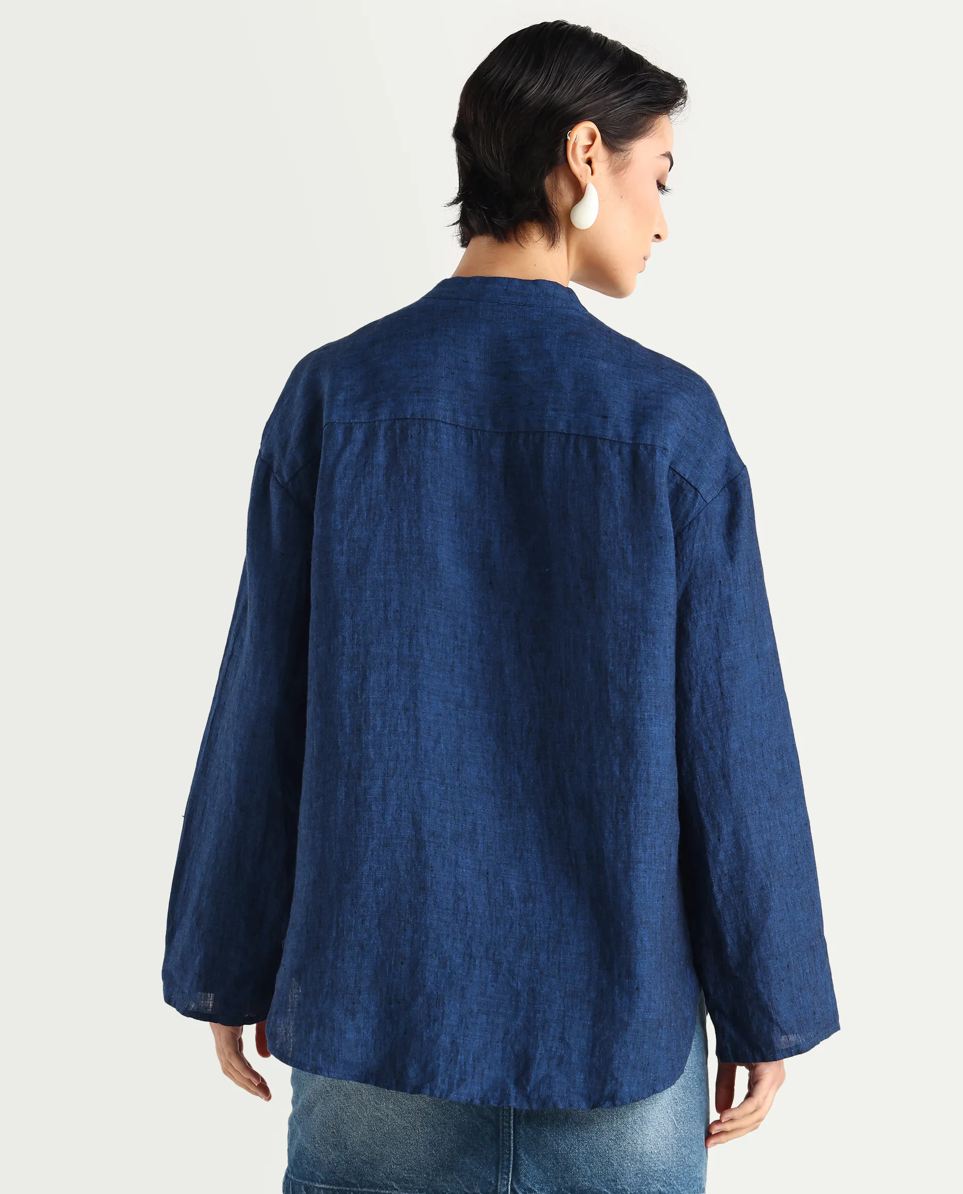 Rareism Women's Nent Navy 100% Linen Mandarin Collar Regular Fit Top - Image 7