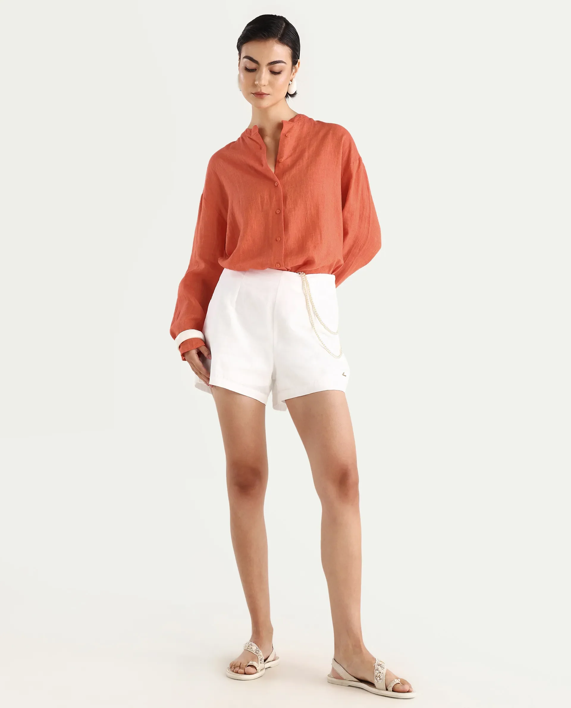 Rareism Women's Nent Orange 100% Linen Mandarin Collar Regular Fit Plain Top - Image 2