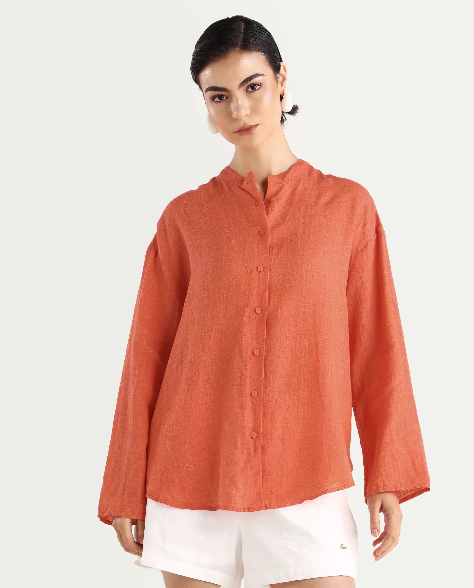 Rareism Women's Nent Orange 100% Linen Mandarin Collar Regular Fit Plain Top - Image 3