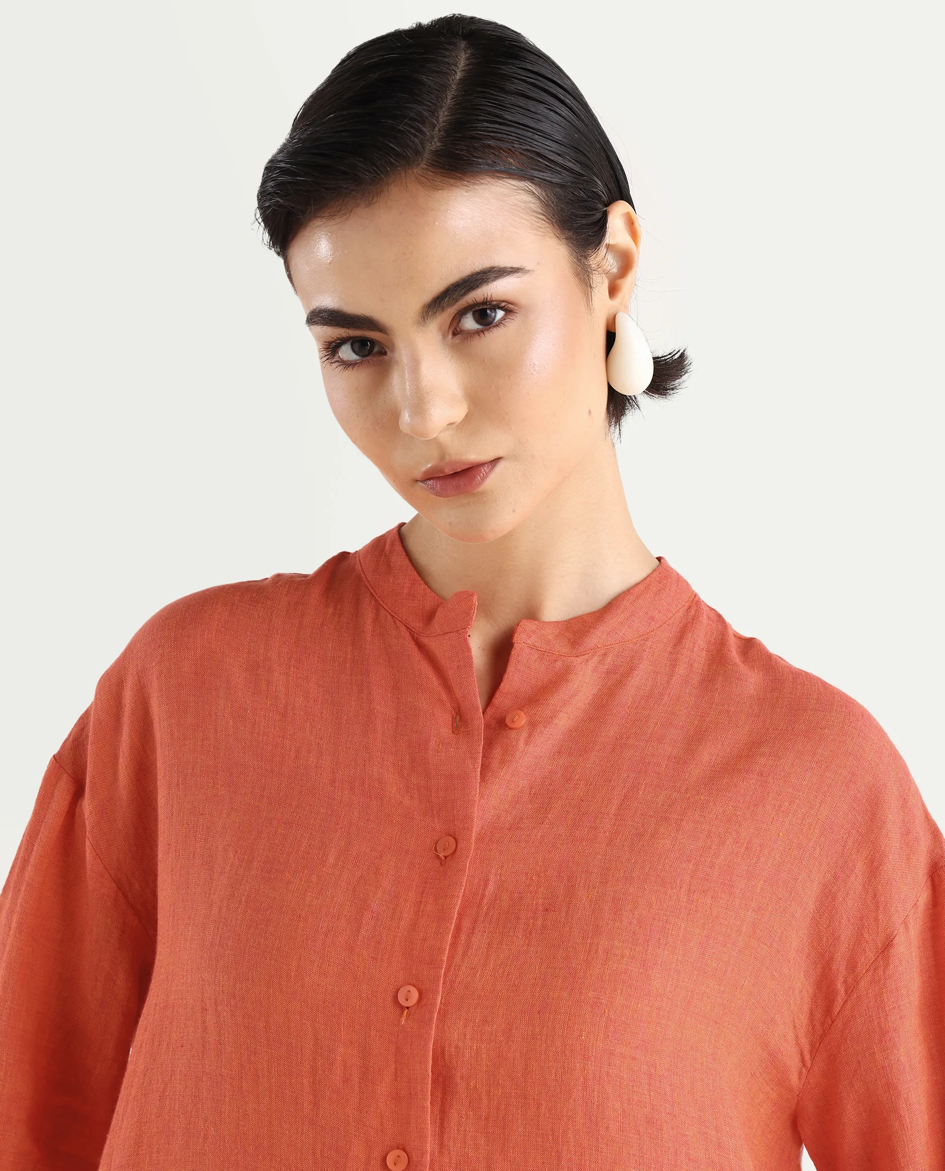 Rareism Women's Nent Orange 100% Linen Mandarin Collar Regular Fit Plain Top - Image 4