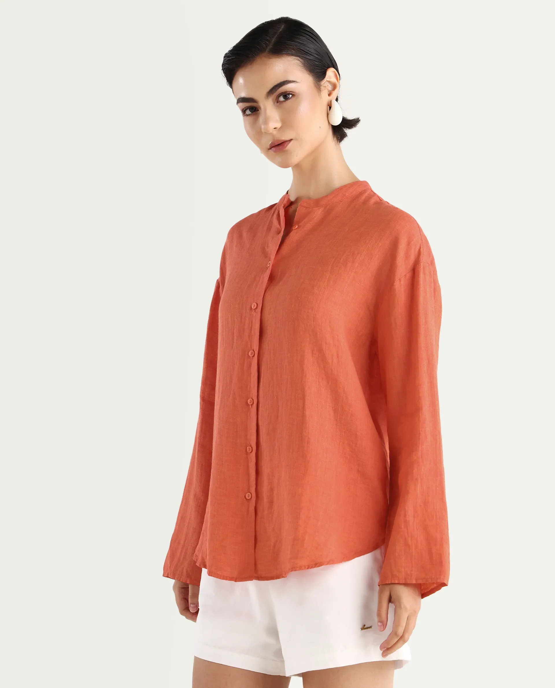 Rareism Women's Nent Orange 100% Linen Mandarin Collar Regular Fit Plain Top - Image 5