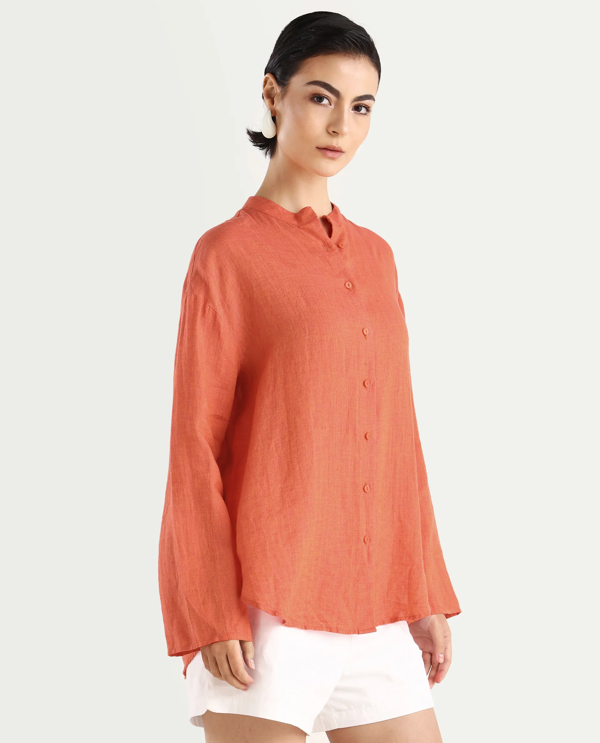 Rareism Women's Nent Orange 100% Linen Mandarin Collar Regular Fit Plain Top - Image 6