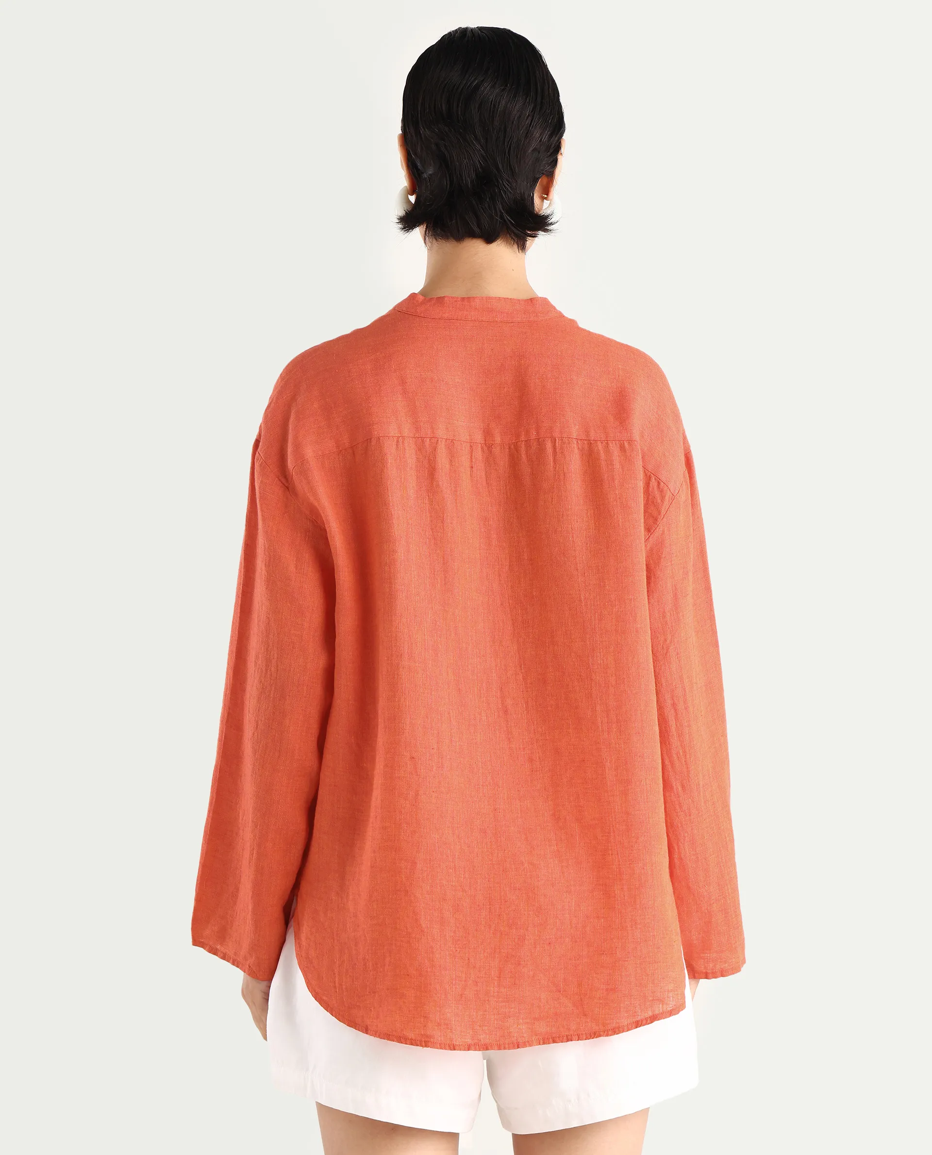 Rareism Women's Nent Orange 100% Linen Mandarin Collar Regular Fit Plain Top - Image 7