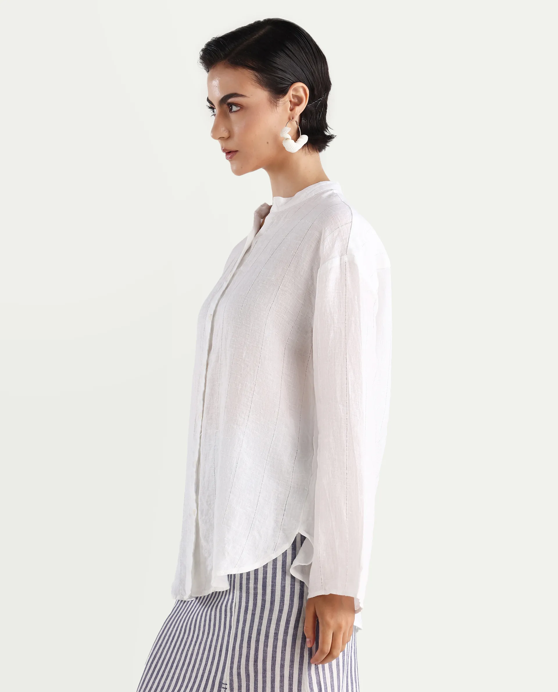 Rareism Women's Nenti White Cotton Mandarin Collar Regular Fit Plain Top - Image 6