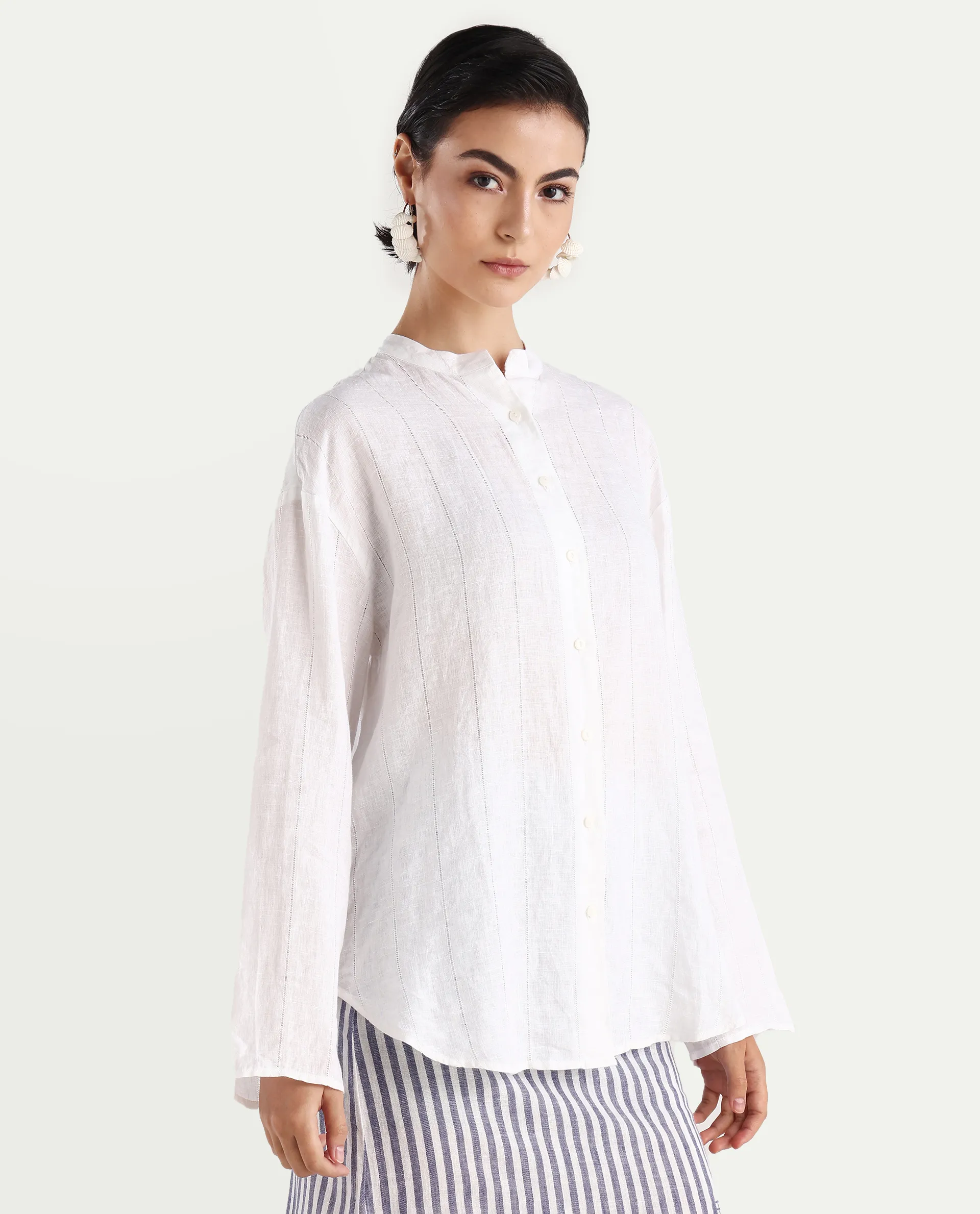 Rareism Women's Nenti White Cotton Mandarin Collar Regular Fit Plain Top - Image 7