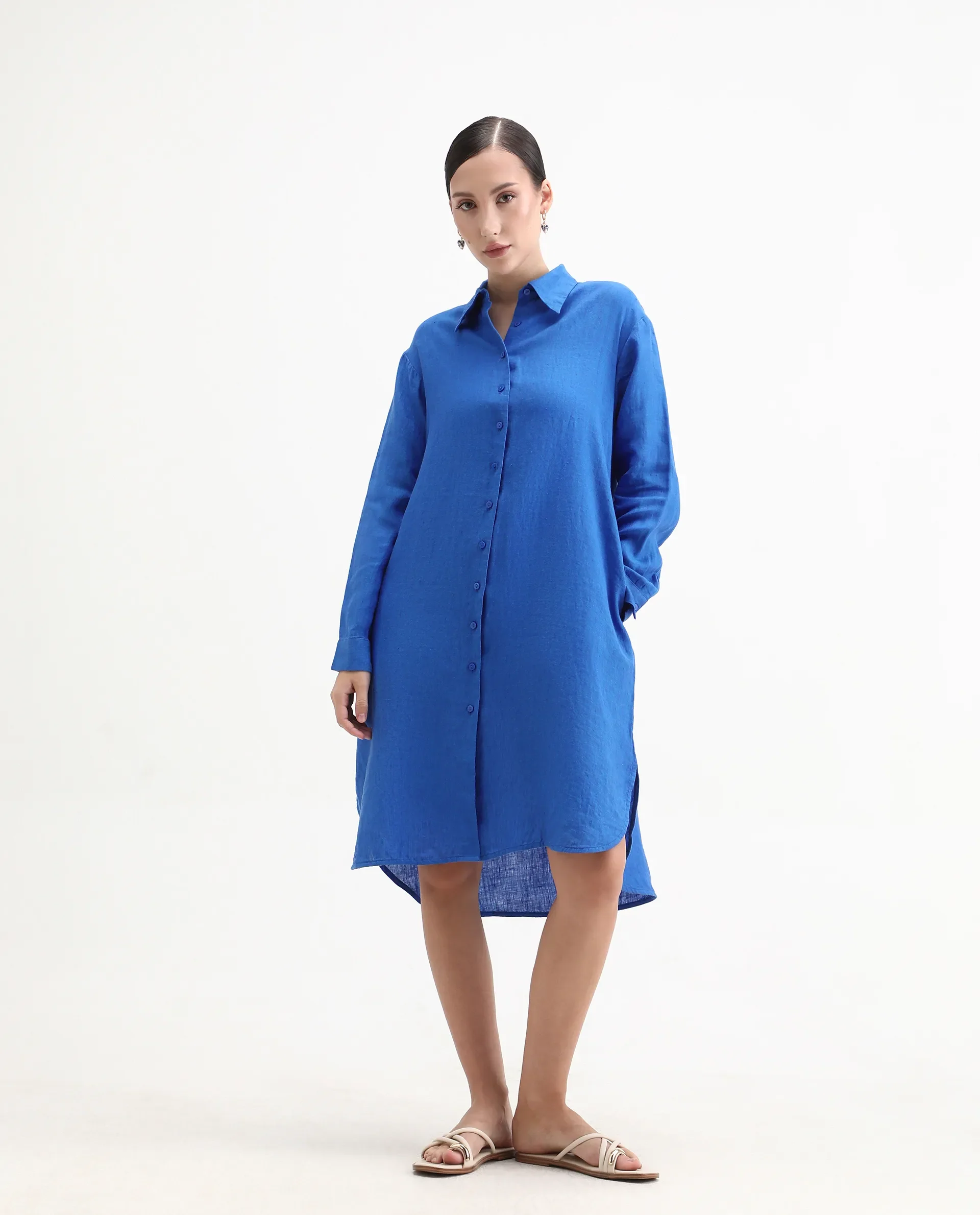 Rareism Women's Nentu Blue 100% Linen Cuffed Sleeve Spread Collar Relaxed Fit Plain Dress