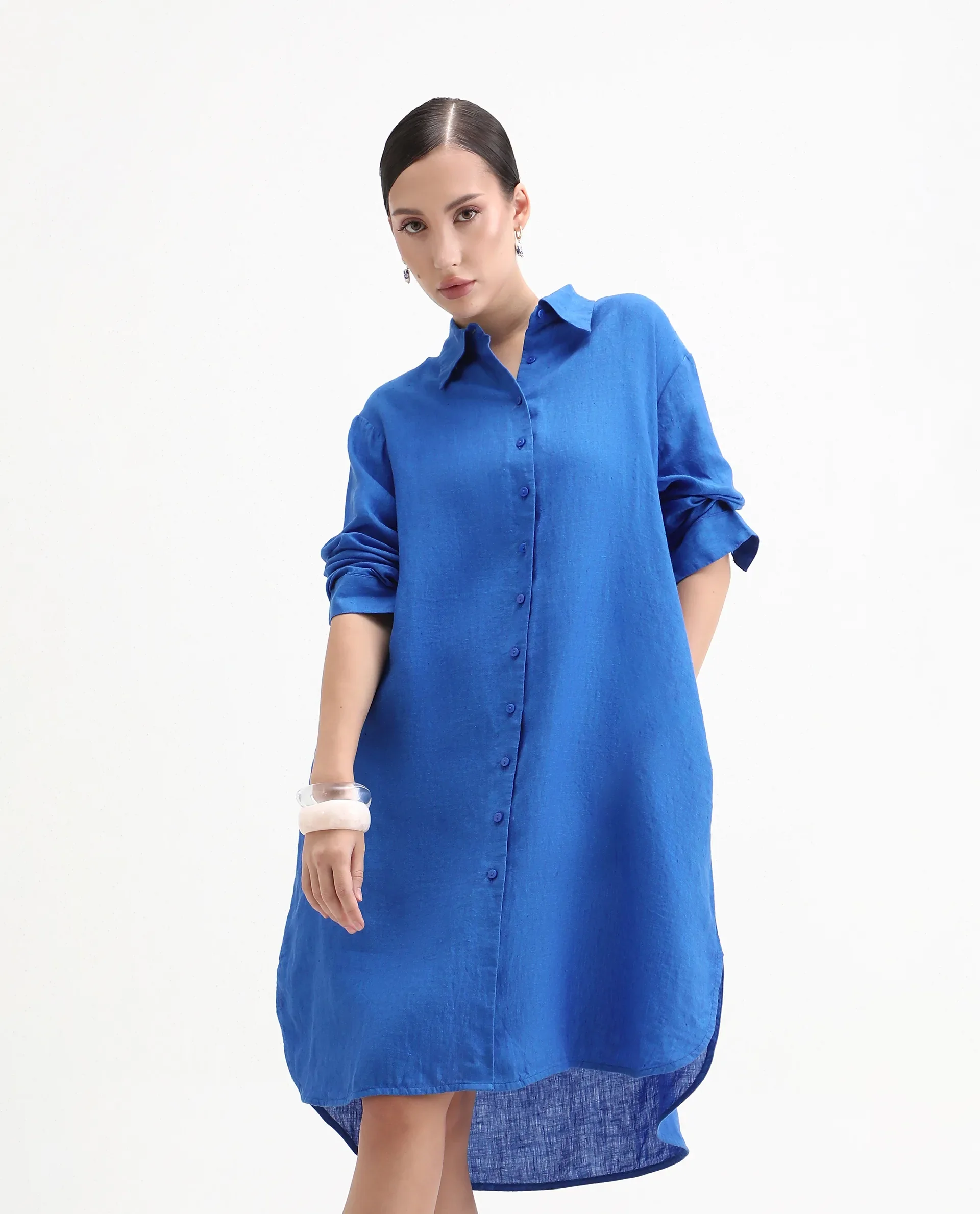 Rareism Women's Nentu Blue 100% Linen Cuffed Sleeve Spread Collar Relaxed Fit Plain Dress - Image 2