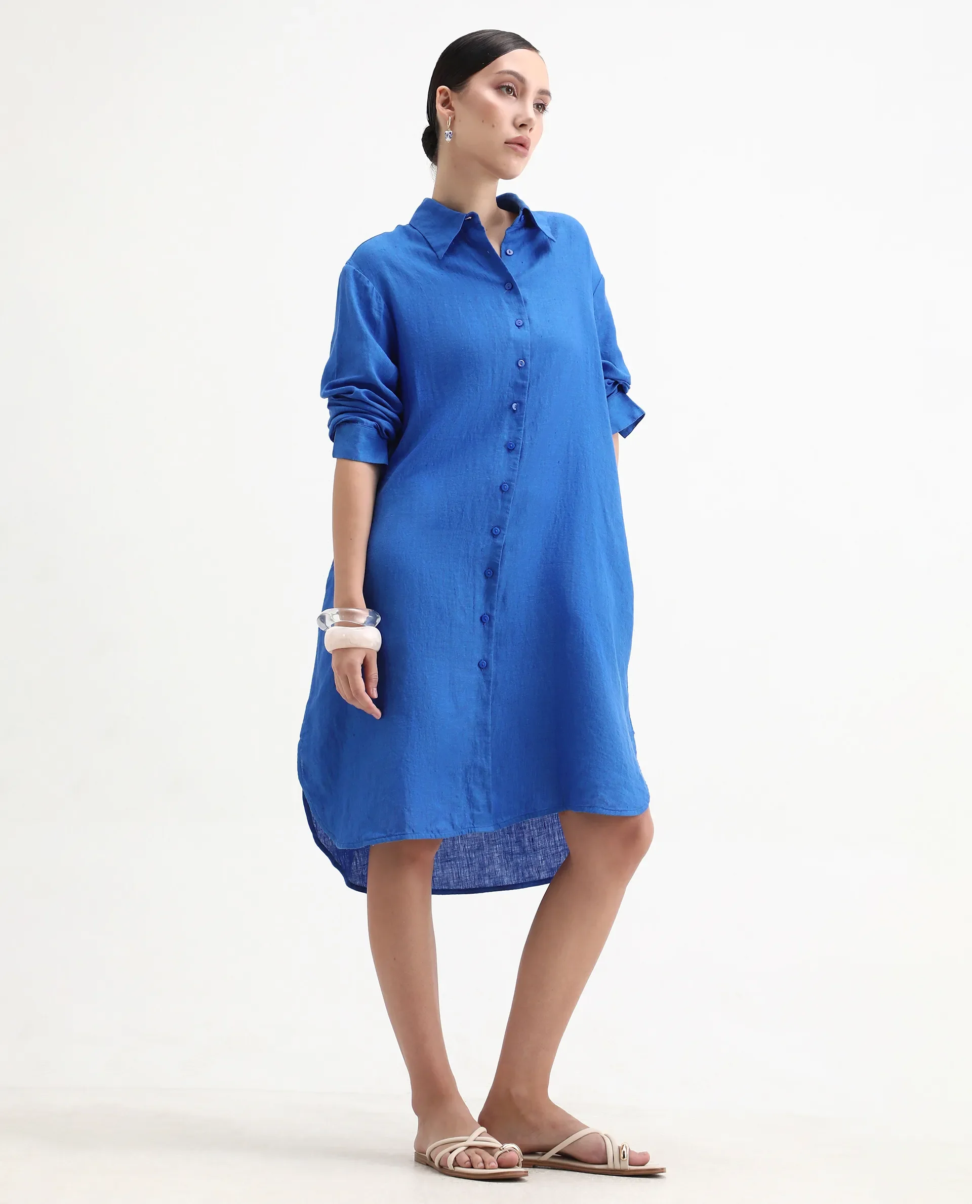 Rareism Women's Nentu Blue 100% Linen Cuffed Sleeve Spread Collar Relaxed Fit Plain Dress - Image 3
