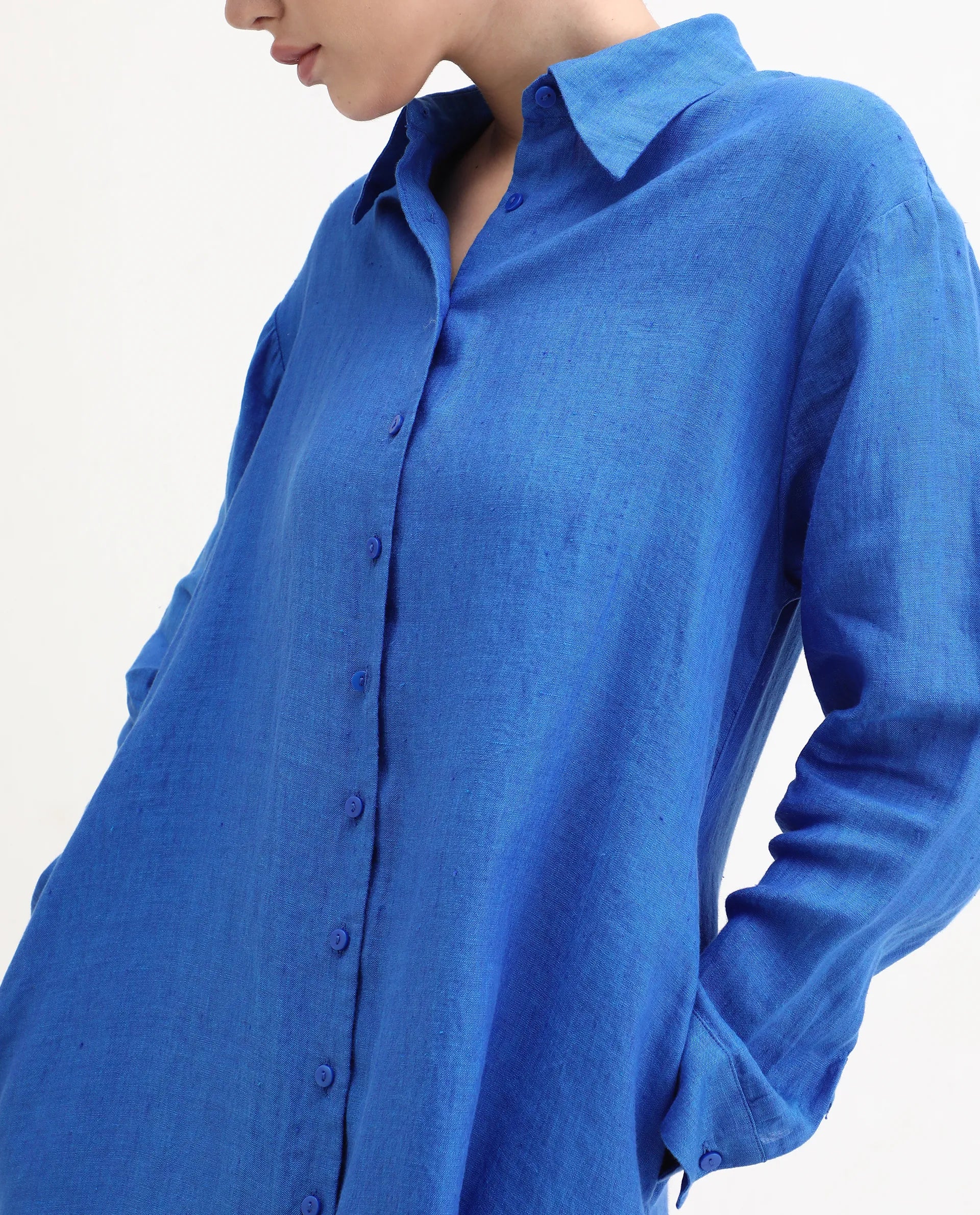 Rareism Women's Nentu Blue 100% Linen Cuffed Sleeve Spread Collar Relaxed Fit Plain Dress - Image 4
