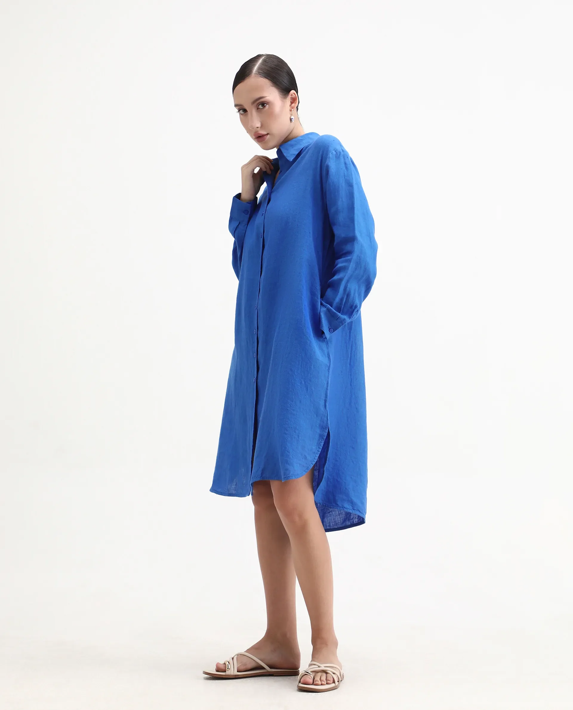 Rareism Women's Nentu Blue 100% Linen Cuffed Sleeve Spread Collar Relaxed Fit Plain Dress - Image 5