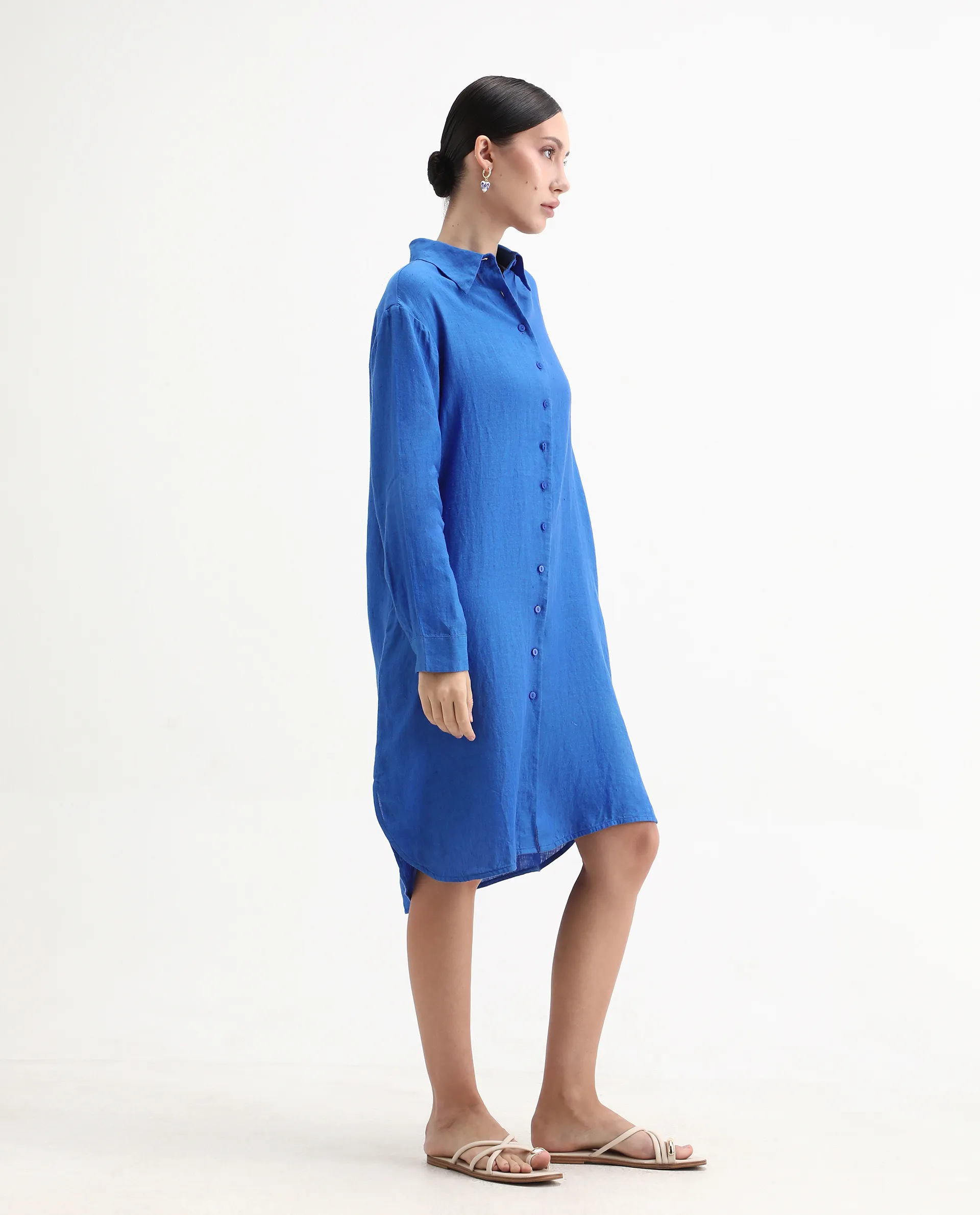 Rareism Women's Nentu Blue 100% Linen Cuffed Sleeve Spread Collar Relaxed Fit Plain Dress - Image 6