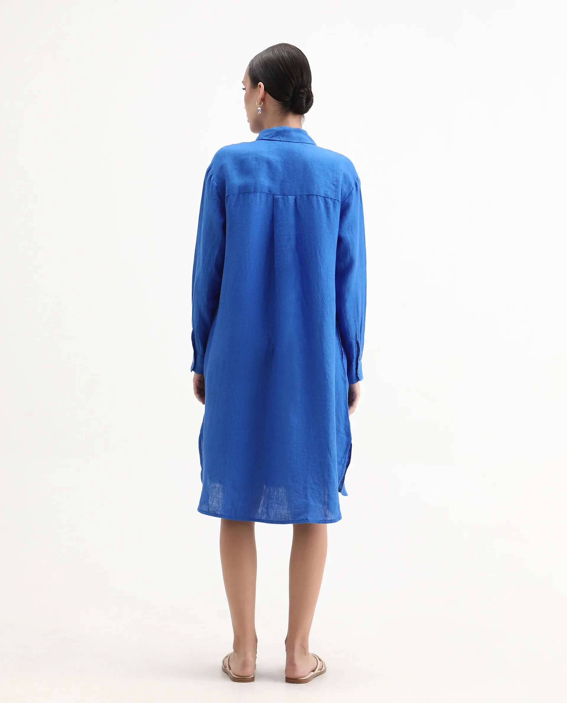 Rareism Women's Nentu Blue 100% Linen Cuffed Sleeve Spread Collar Relaxed Fit Plain Dress - Image 7