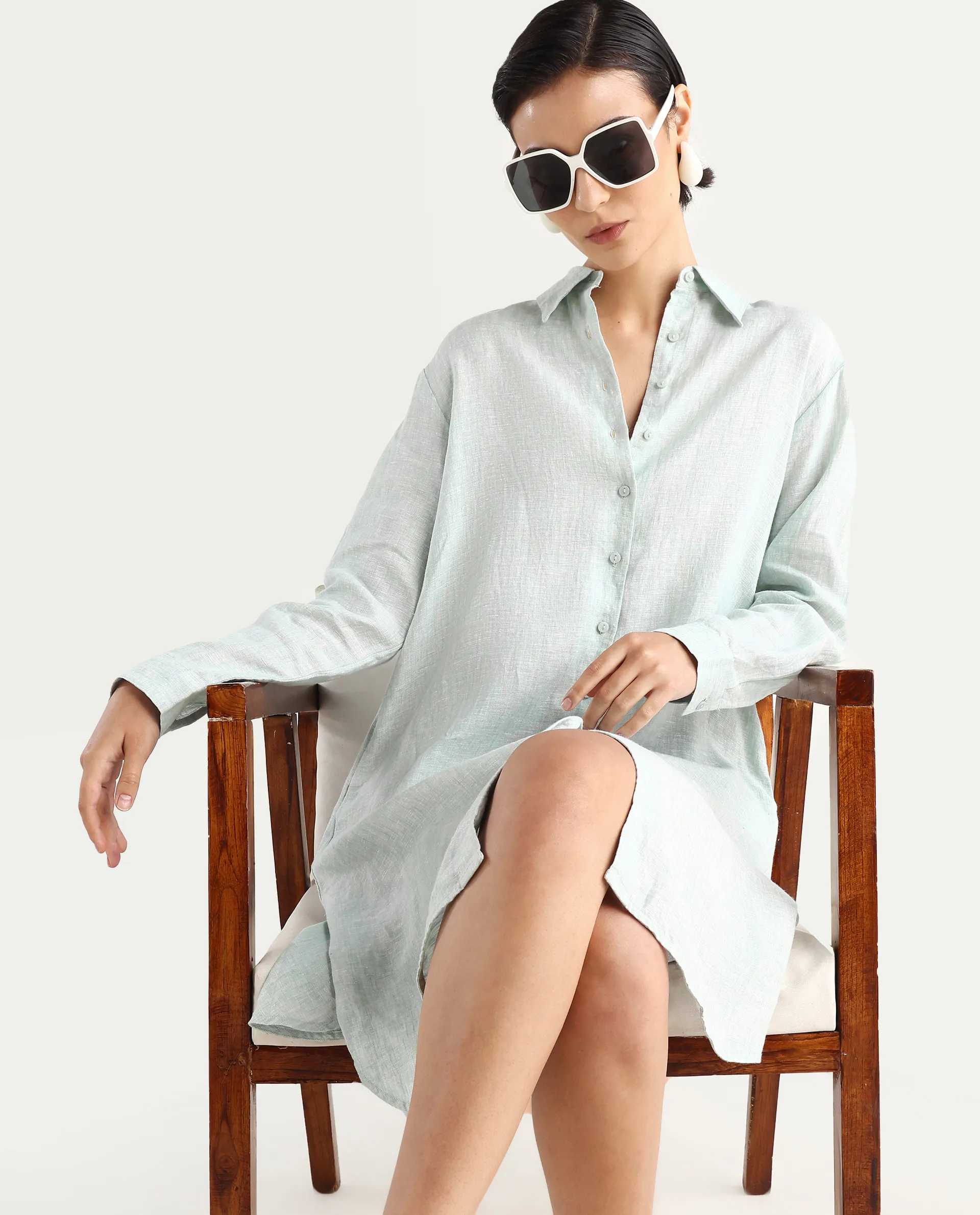 Rareism Women's Nentu Dusky Green 100% Linen Cuffed Sleeve Spread Collar Relaxed Fit Plain Dress - Image 2