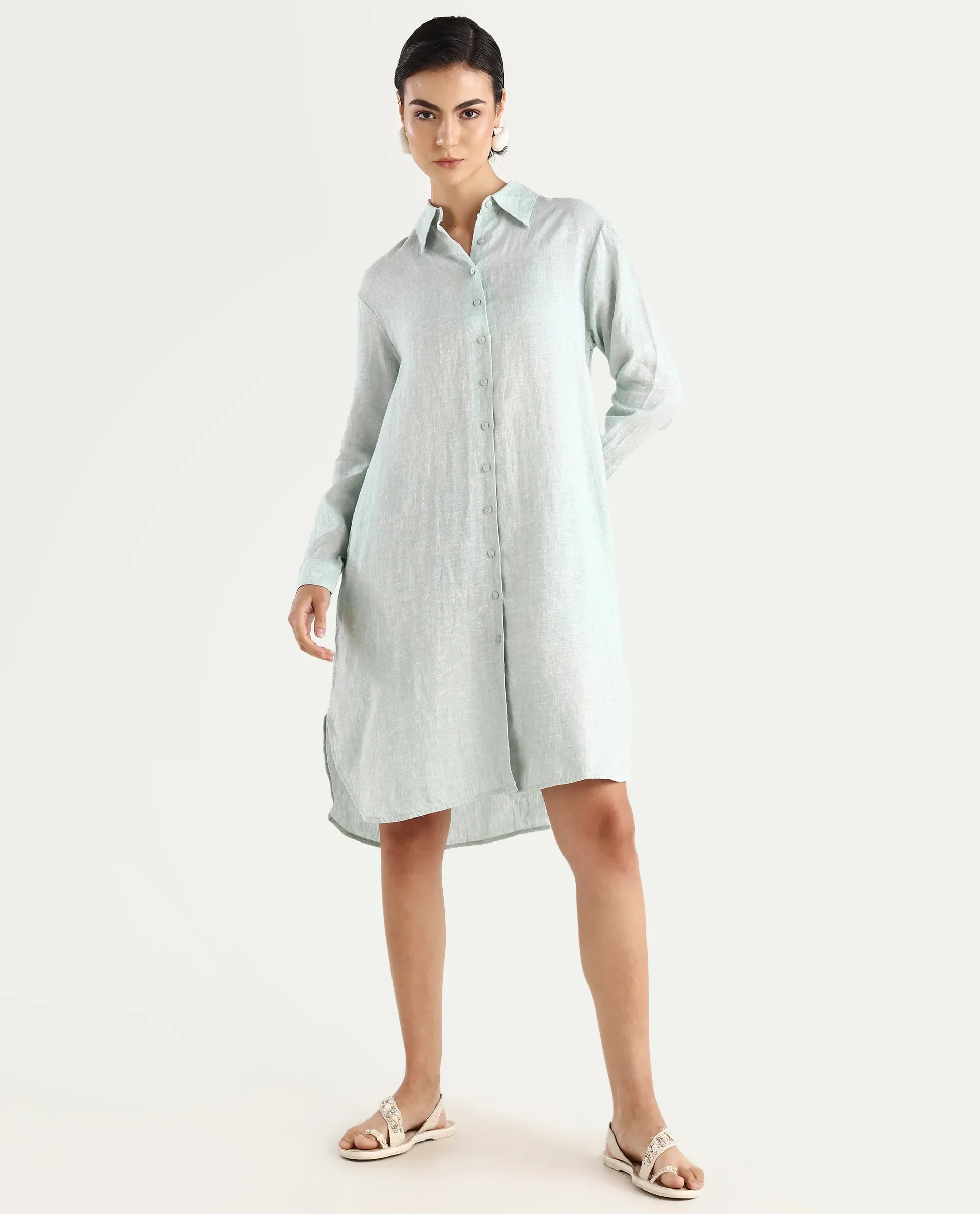 Rareism Women's Nentu Dusky Green 100% Linen Cuffed Sleeve Spread Collar Relaxed Fit Plain Dress - Image 3