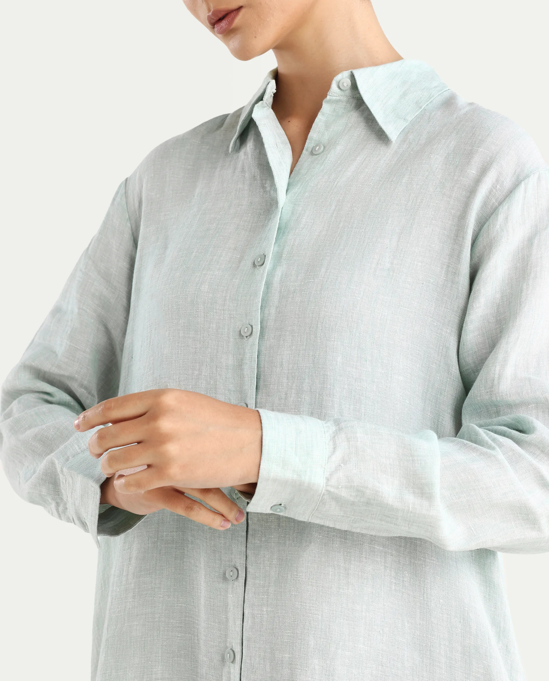 Rareism Women's Nentu Dusky Green 100% Linen Cuffed Sleeve Spread Collar Relaxed Fit Plain Dress - Image 5