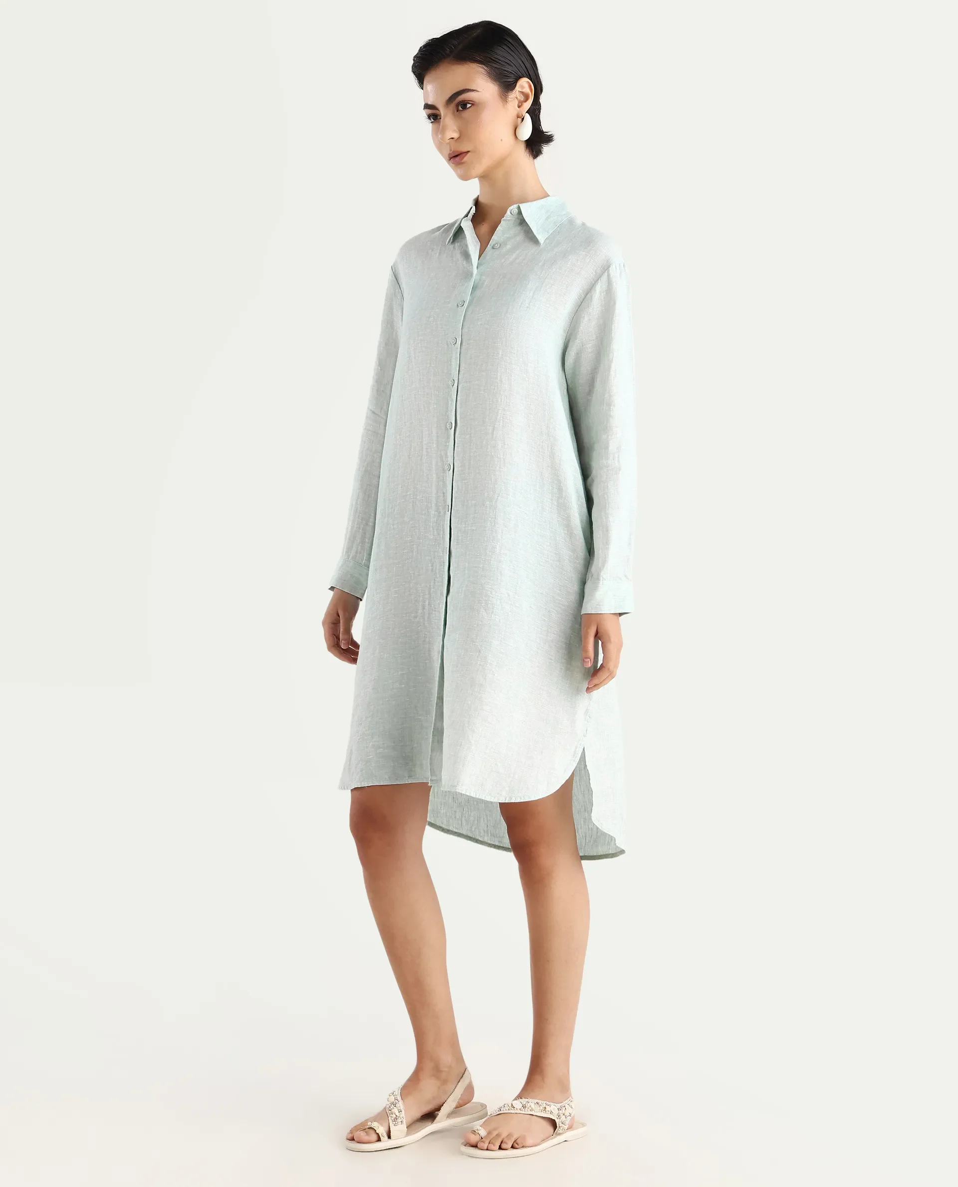 Rareism Women's Nentu Dusky Green 100% Linen Cuffed Sleeve Spread Collar Relaxed Fit Plain Dress - Image 6