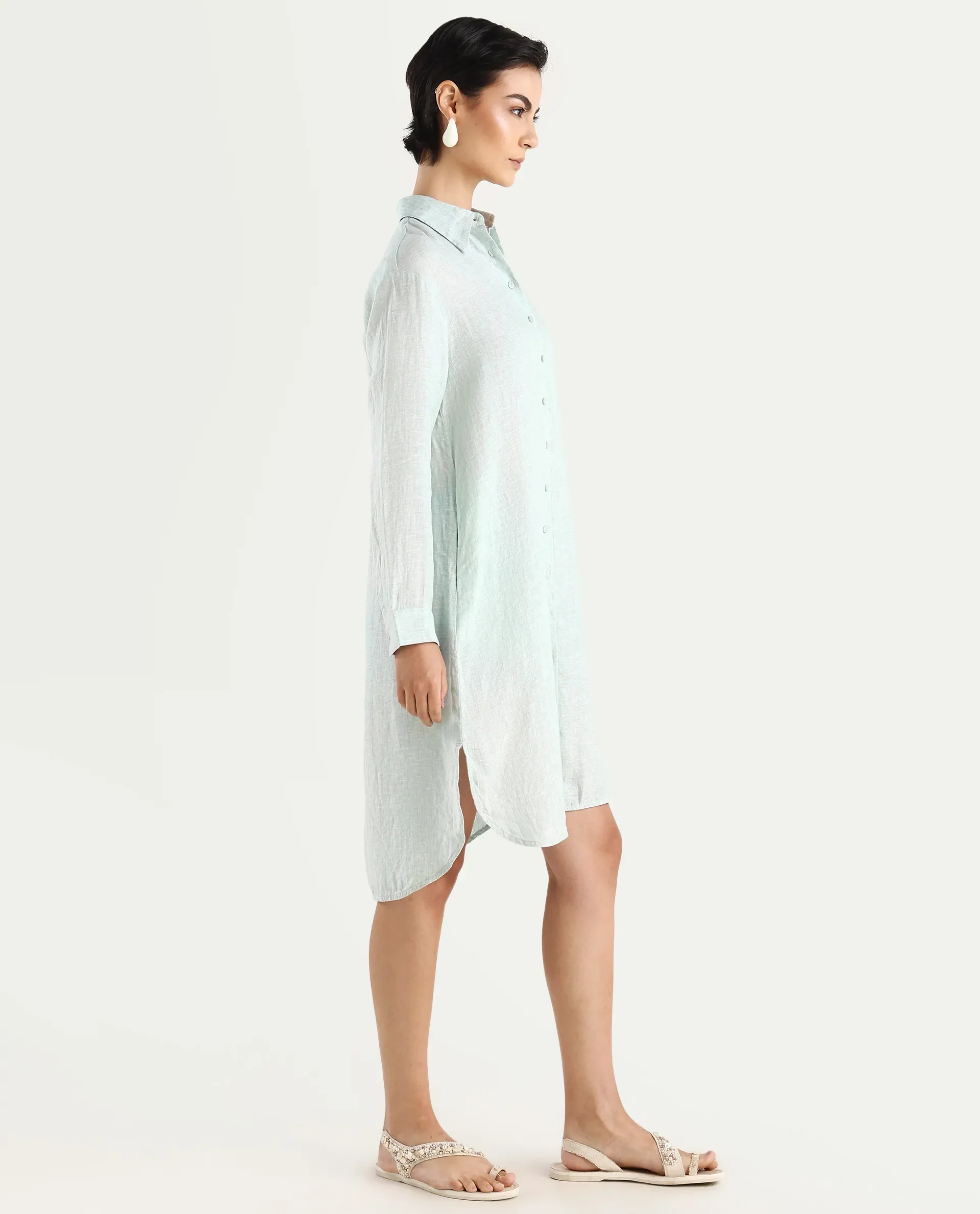 Rareism Women's Nentu Dusky Green 100% Linen Cuffed Sleeve Spread Collar Relaxed Fit Plain Dress - Image 7