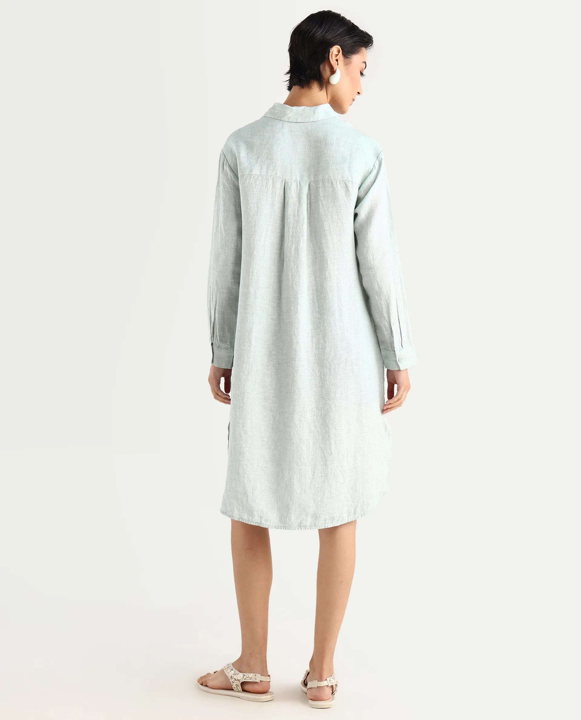 Rareism Women's Nentu Dusky Green 100% Linen Cuffed Sleeve Spread Collar Relaxed Fit Plain Dress - Image 8