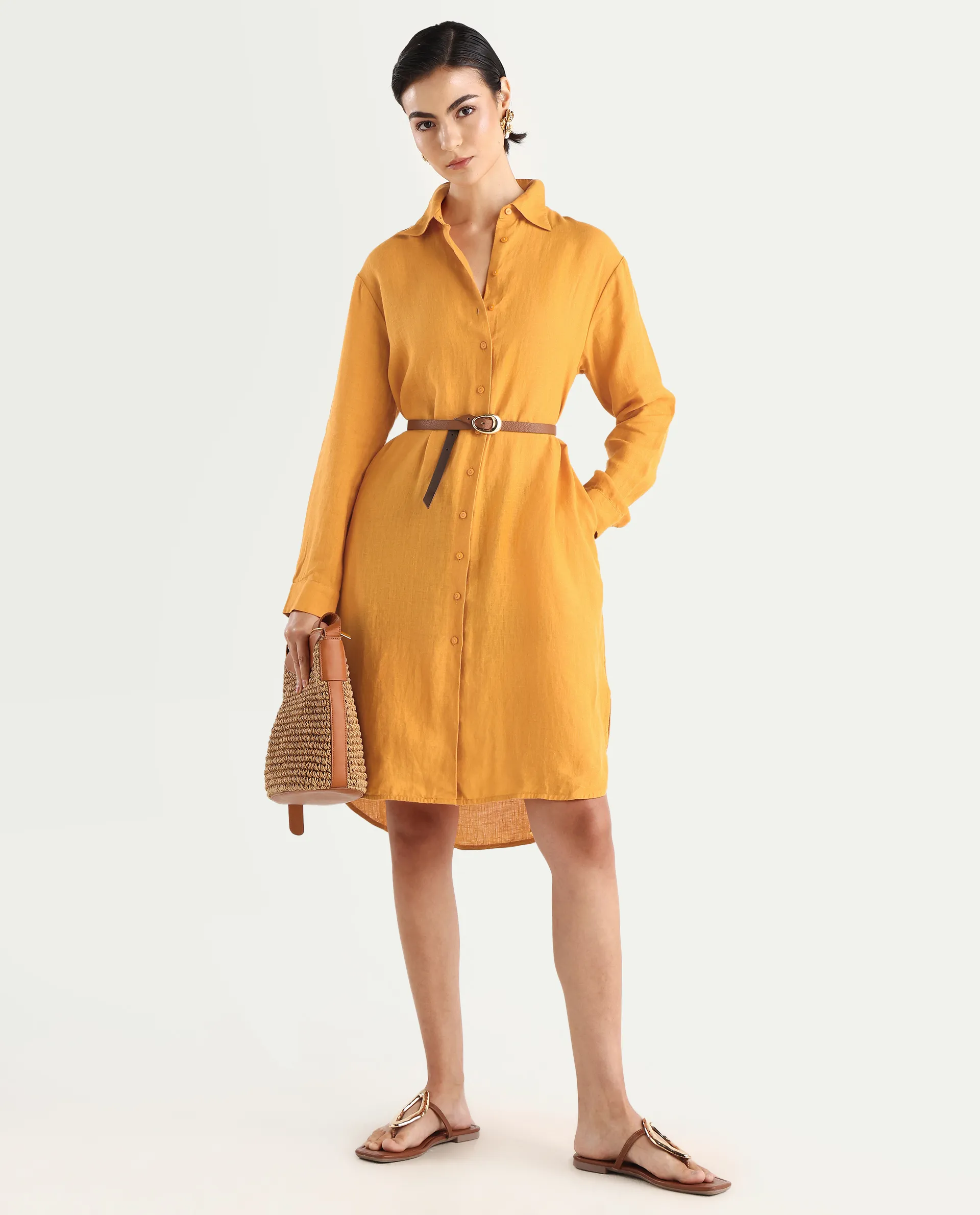 Rareism Women's Nentu Orange 100% Linen Cuffed Sleeve Spread Collar Relaxed Fit Plain Dress - Image 2