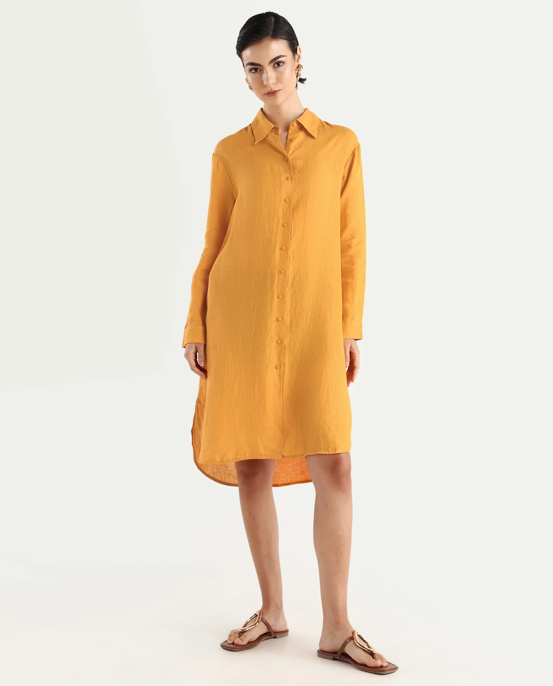 Rareism Women's Nentu Orange 100% Linen Cuffed Sleeve Spread Collar Relaxed Fit Plain Dress - Image 3