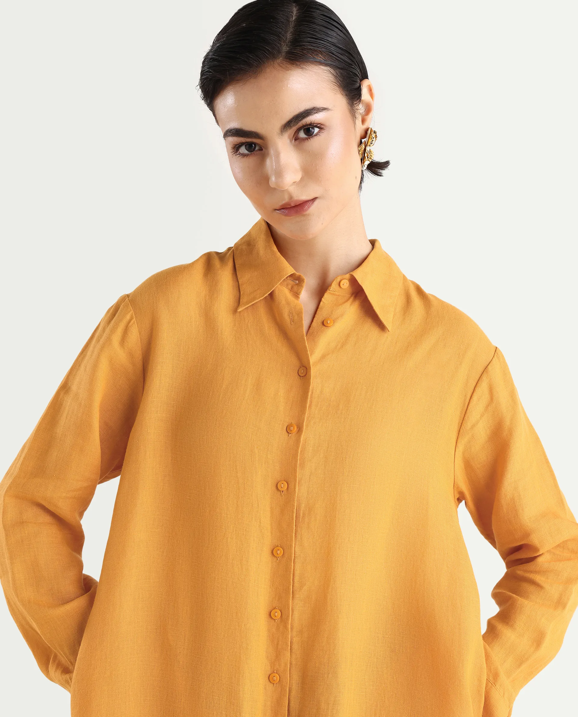 Rareism Women's Nentu Orange 100% Linen Cuffed Sleeve Spread Collar Relaxed Fit Plain Dress - Image 4