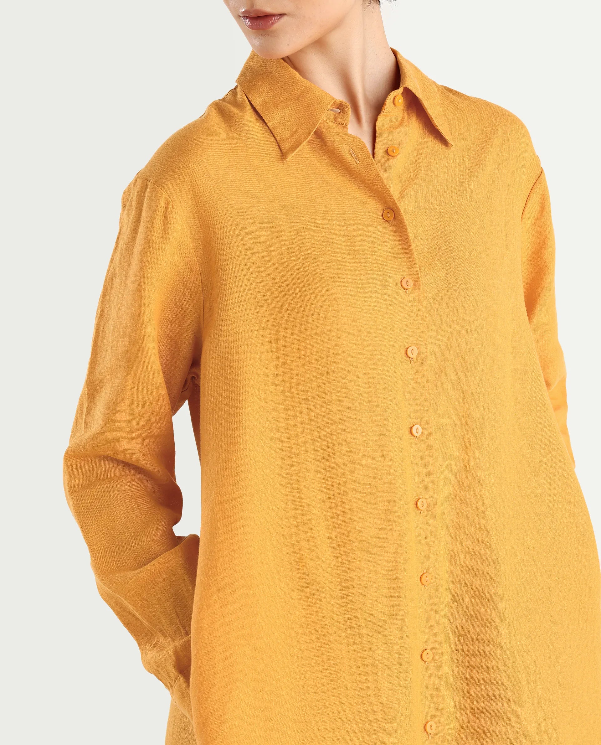 Rareism Women's Nentu Orange 100% Linen Cuffed Sleeve Spread Collar Relaxed Fit Plain Dress - Image 5