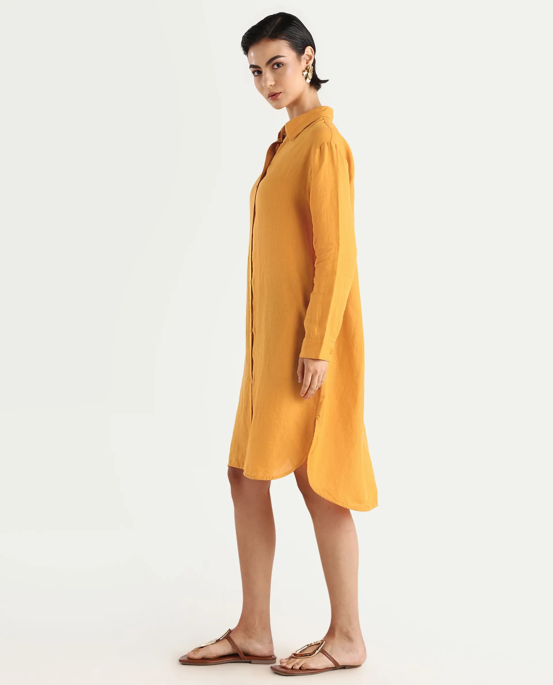 Rareism Women's Nentu Orange 100% Linen Cuffed Sleeve Spread Collar Relaxed Fit Plain Dress - Image 6
