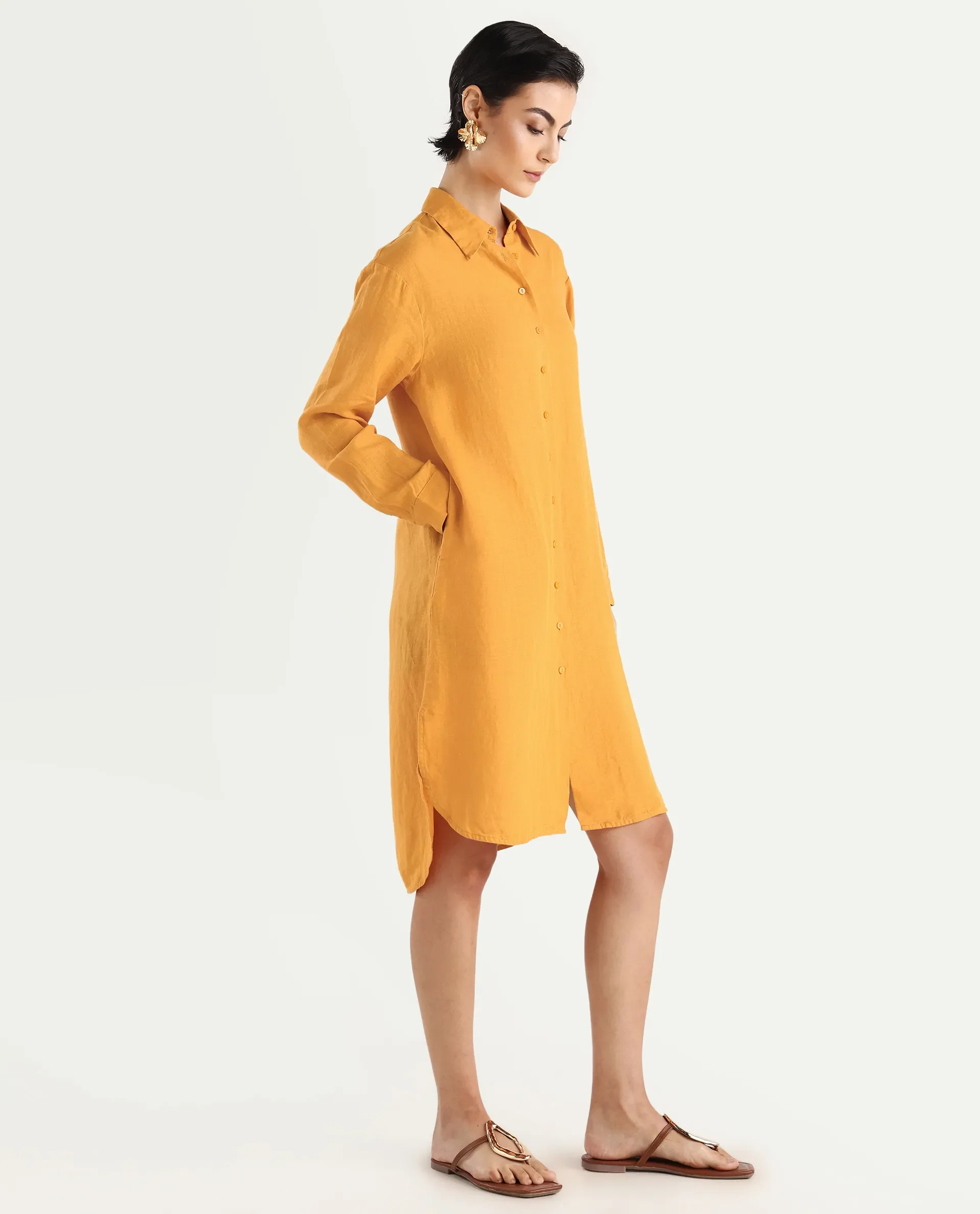 Rareism Women's Nentu Orange 100% Linen Cuffed Sleeve Spread Collar Relaxed Fit Plain Dress - Image 7