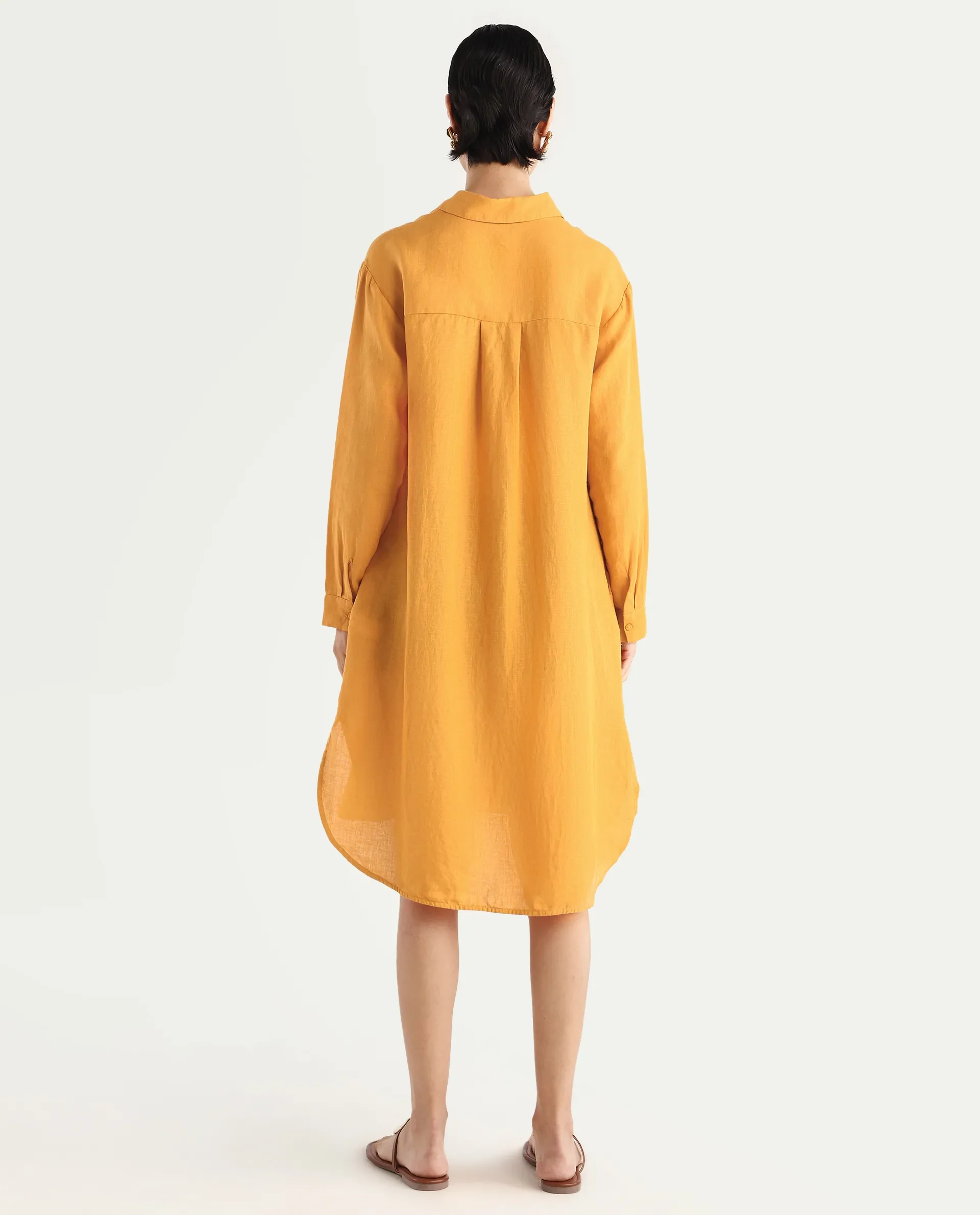 Rareism Women's Nentu Orange 100% Linen Cuffed Sleeve Spread Collar Relaxed Fit Plain Dress - Image 8