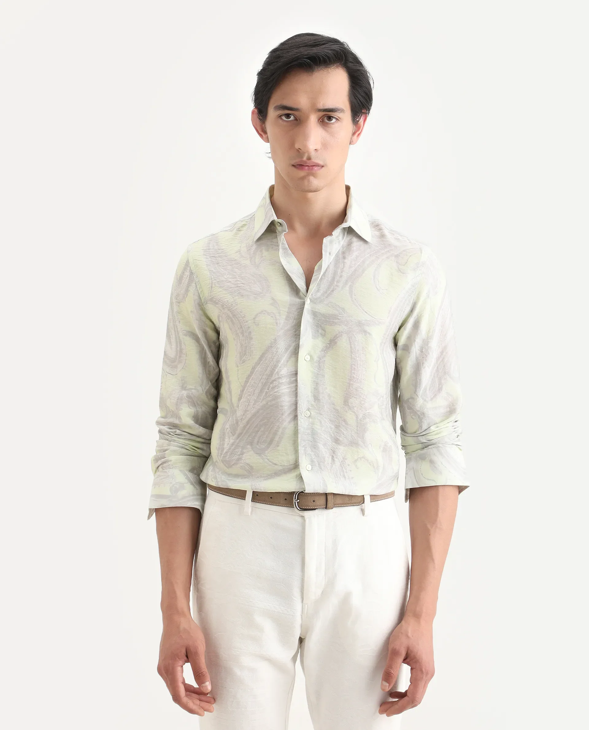 Rare Rabbit Men's Neo Pastel Green Viscose Blend Fabric Full Sleeve Spread Collar Regular Fit Paisley Print Shirt - Image 4