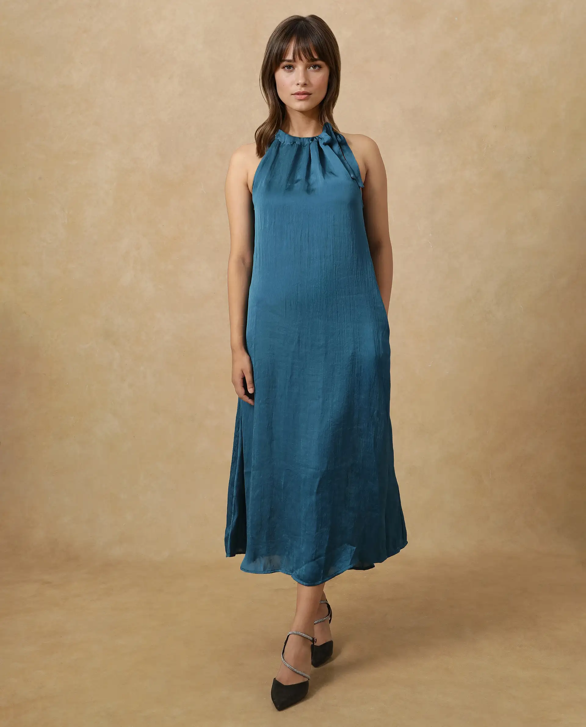 Rareism Women's Neoma Petrol Halter Neck Plain Sleeveless Midi A-Line Dress - Image 5