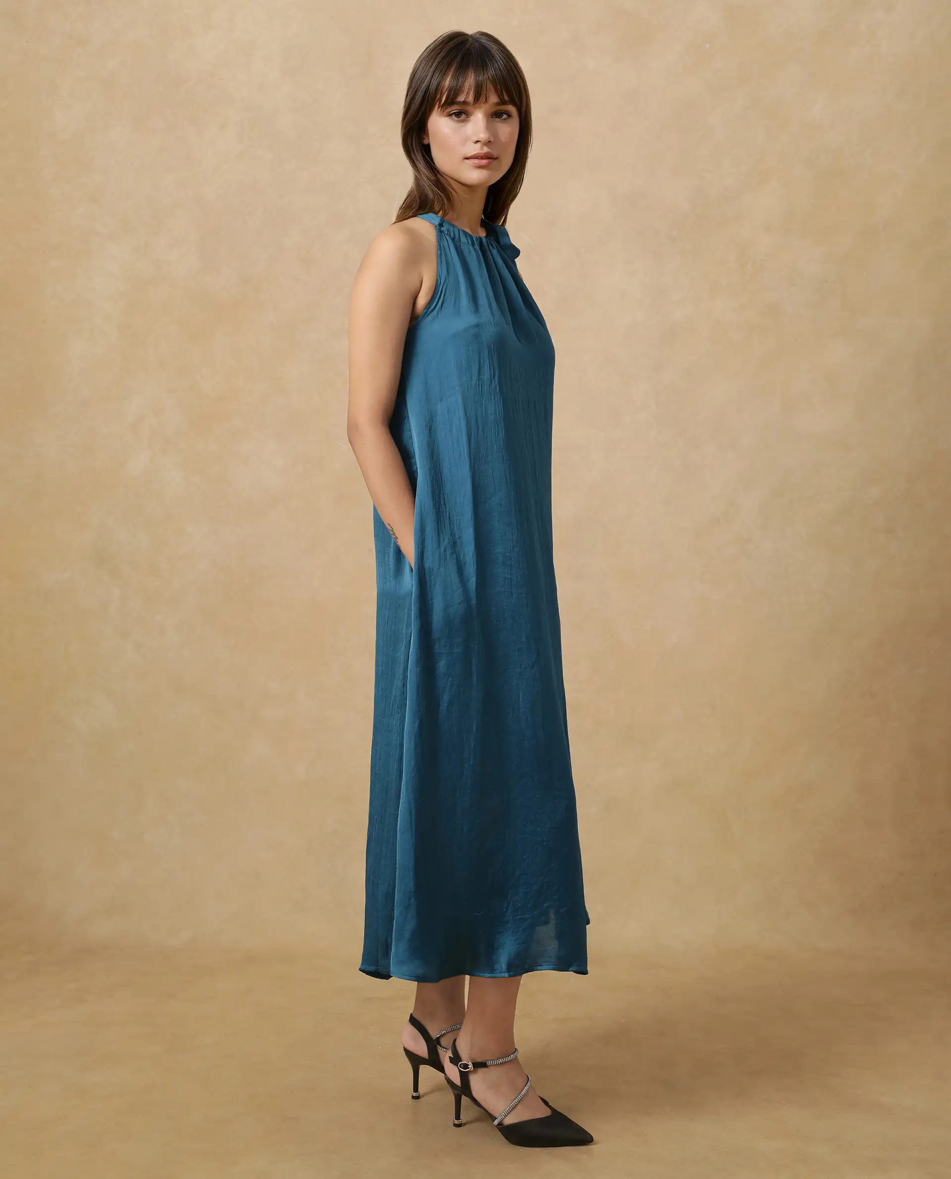 Rareism Women's Neoma Petrol Halter Neck Plain Sleeveless Midi A-Line Dress - Image 6