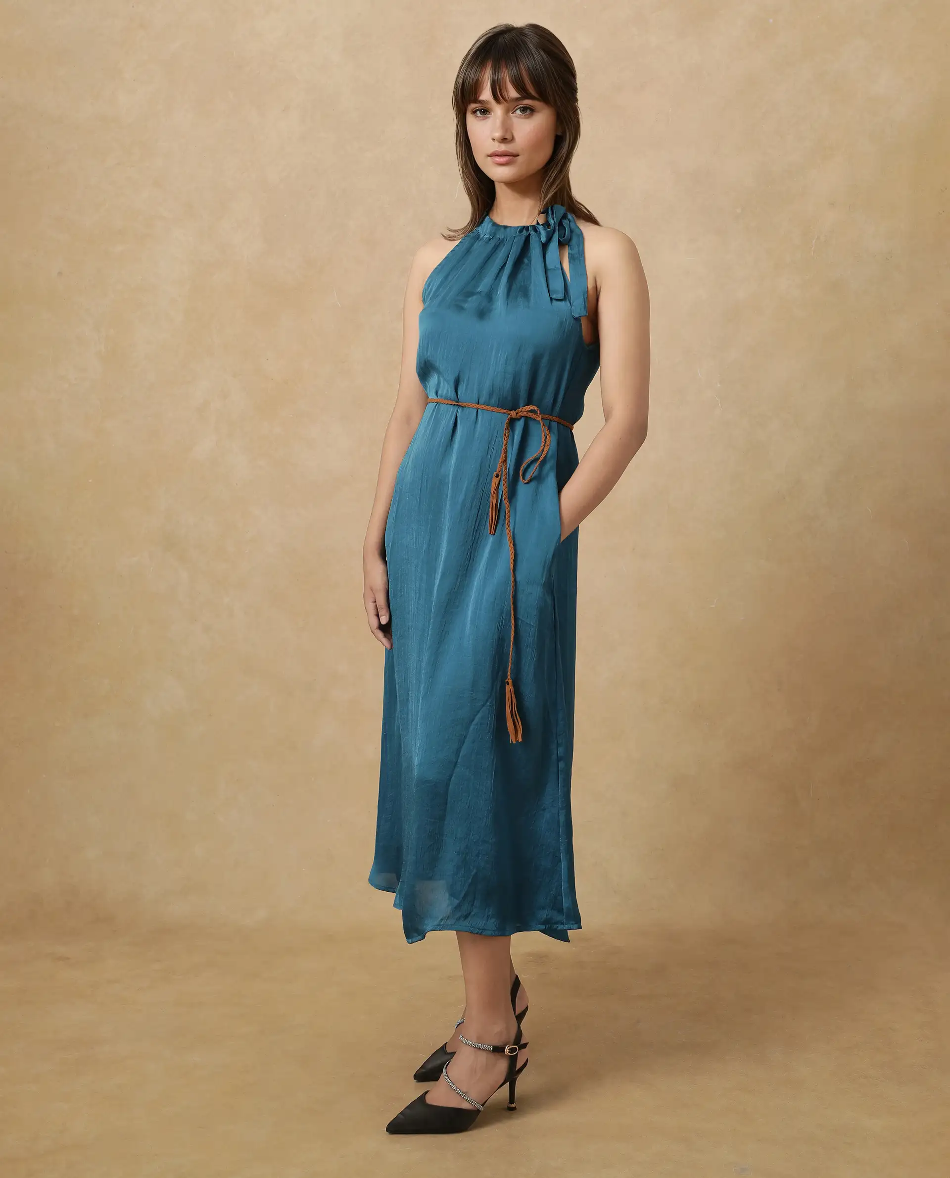 Rareism Women's Neoma Petrol Halter Neck Plain Sleeveless Midi A-Line Dress - Image 7