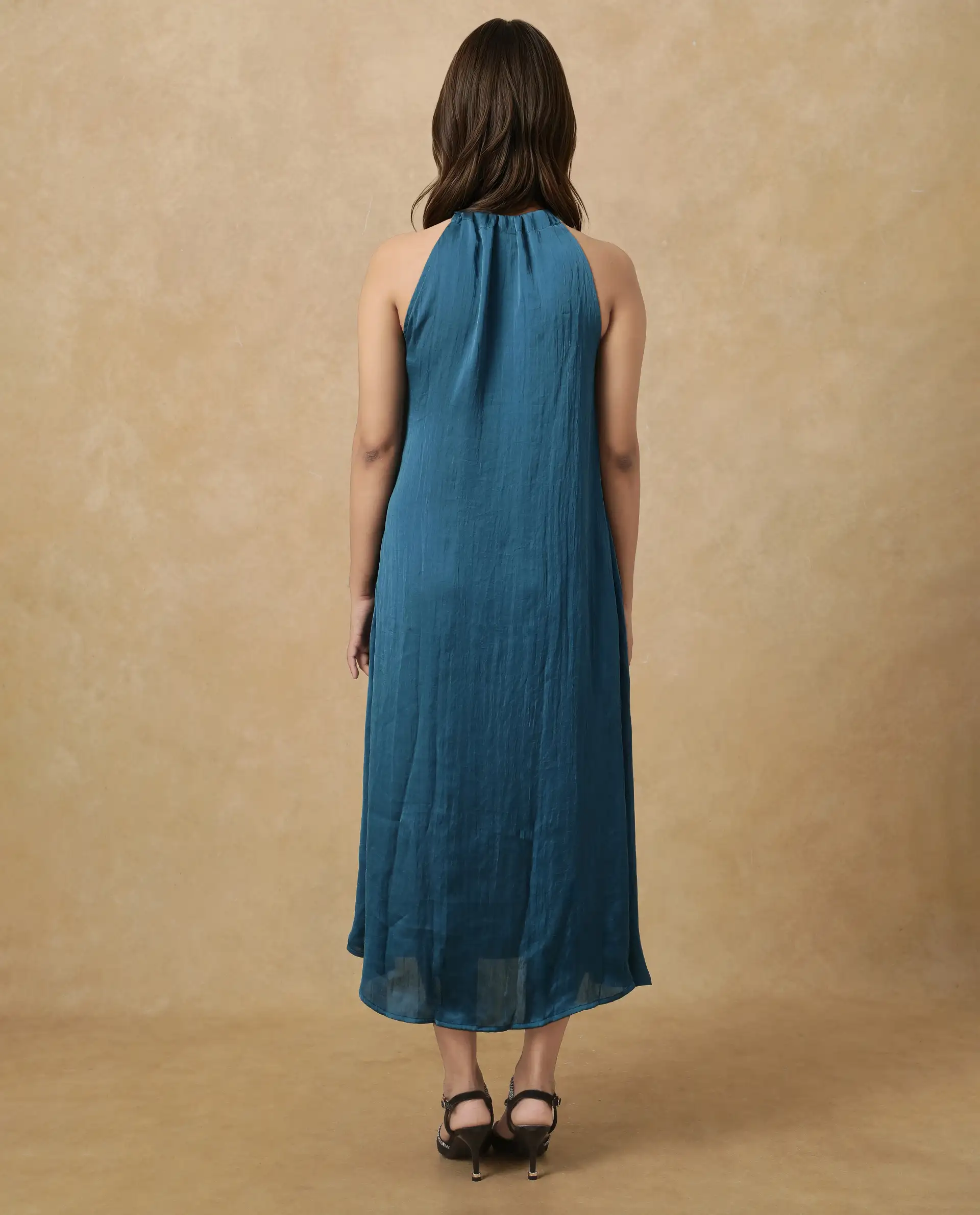 Rareism Women's Neoma Petrol Halter Neck Plain Sleeveless Midi A-Line Dress - Image 8