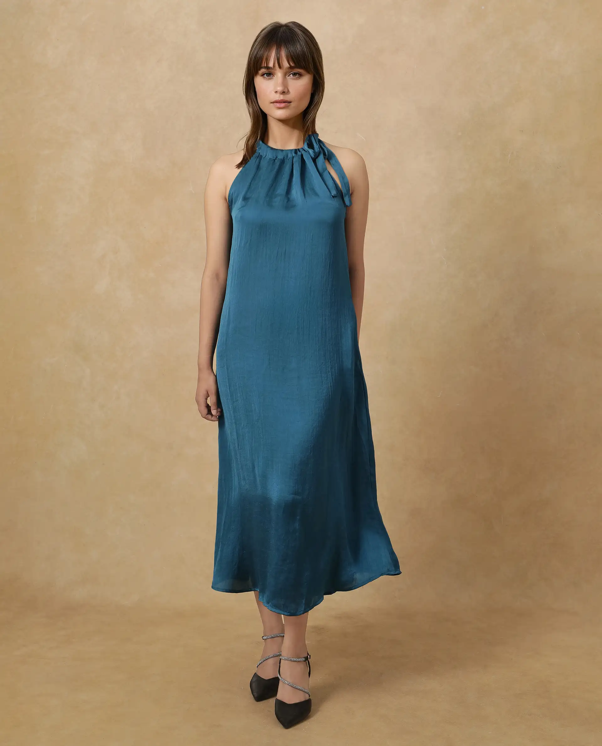 Rareism Women's Neoma Petrol Halter Neck Plain Sleeveless Midi A-Line Dress - Image 9