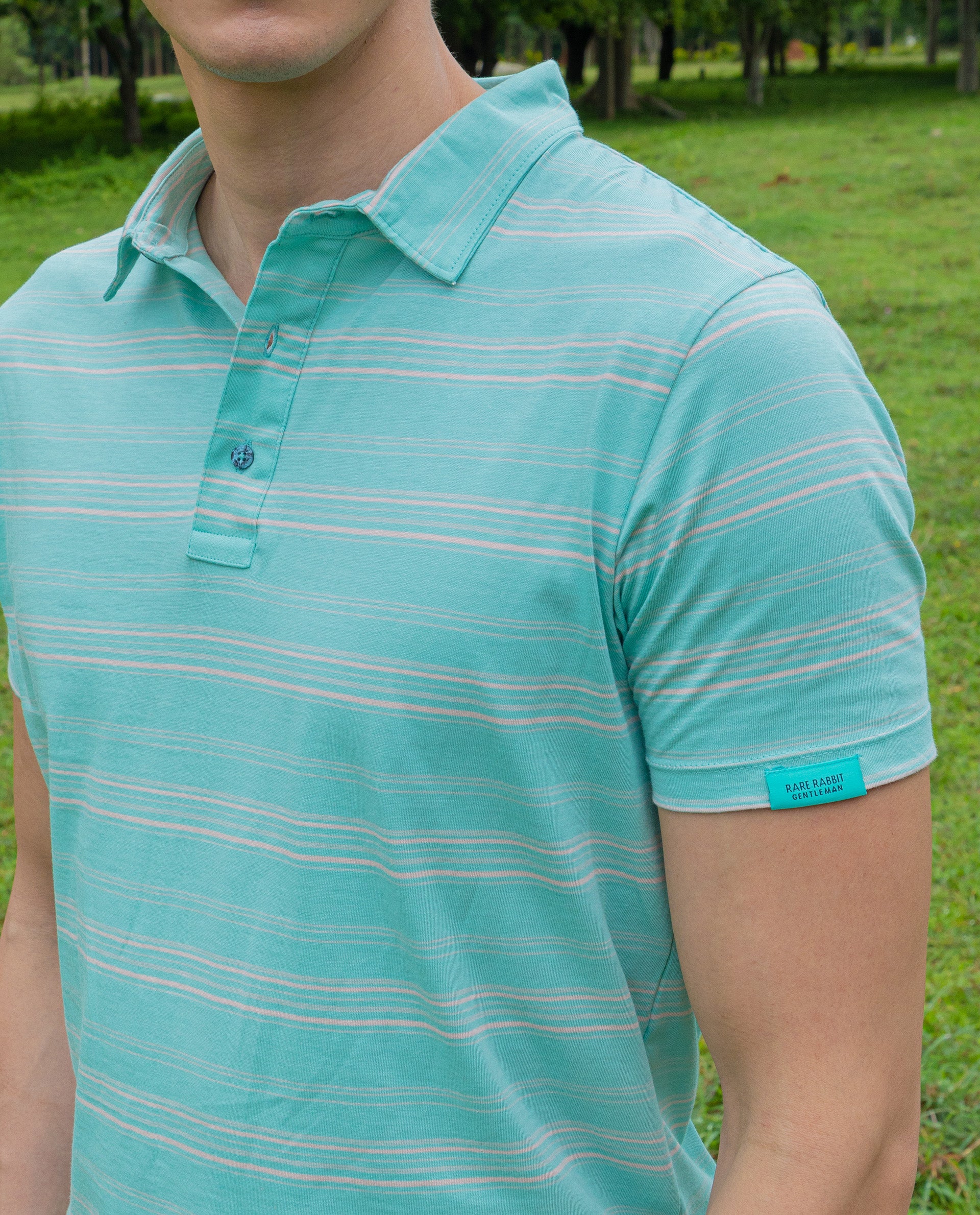 Rare Rabbit Men's Neon Turq Cotton Striped Print Slim Fit Half Sleeve Polo - Image 10