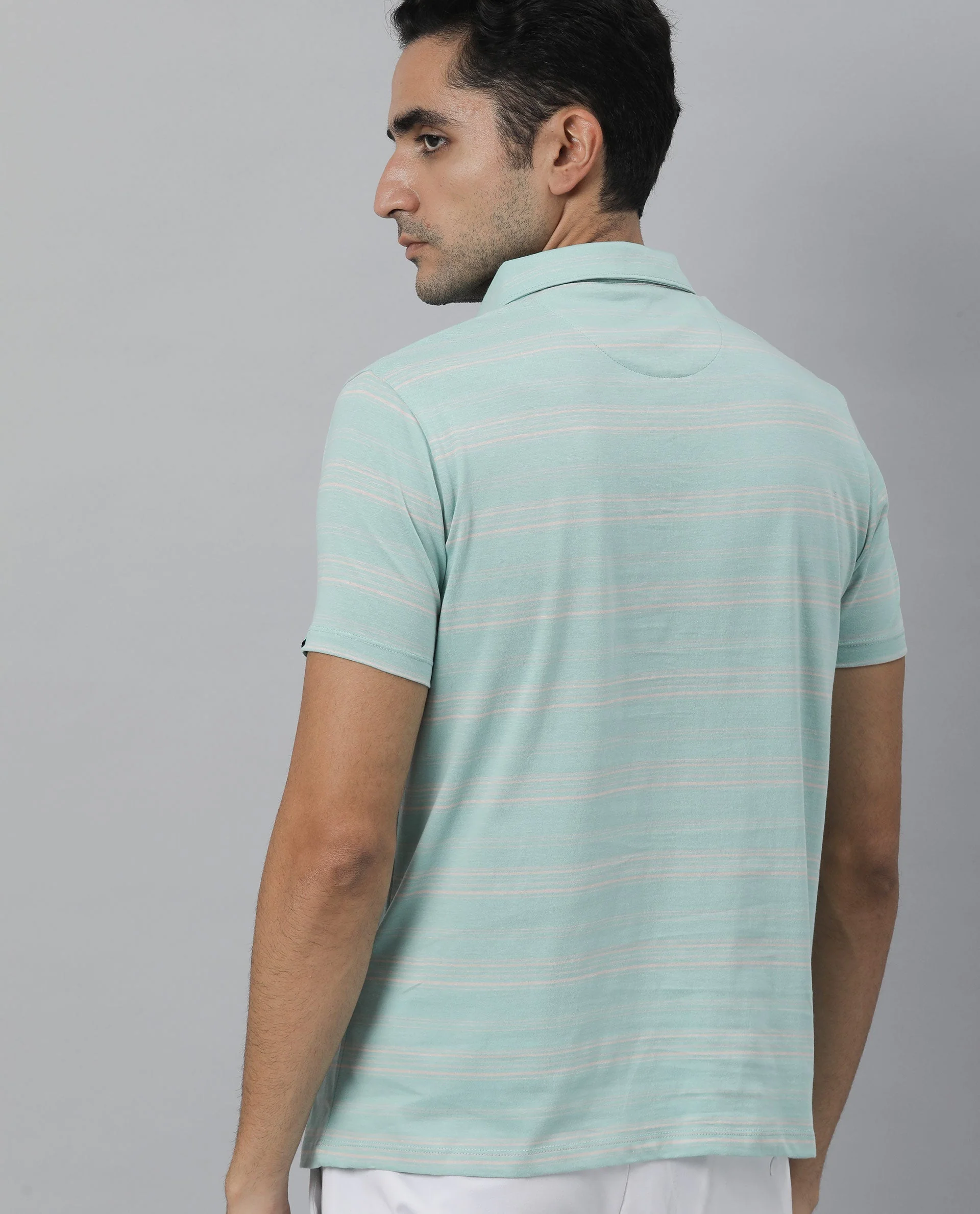 Rare Rabbit Men's Neon Turq Cotton Striped Print Slim Fit Half Sleeve Polo - Image 2