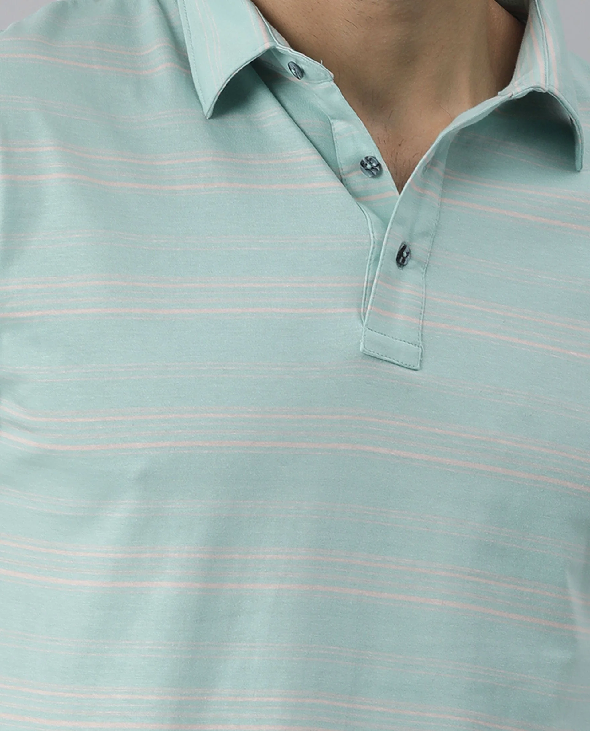 Rare Rabbit Men's Neon Turq Cotton Striped Print Slim Fit Half Sleeve Polo - Image 3