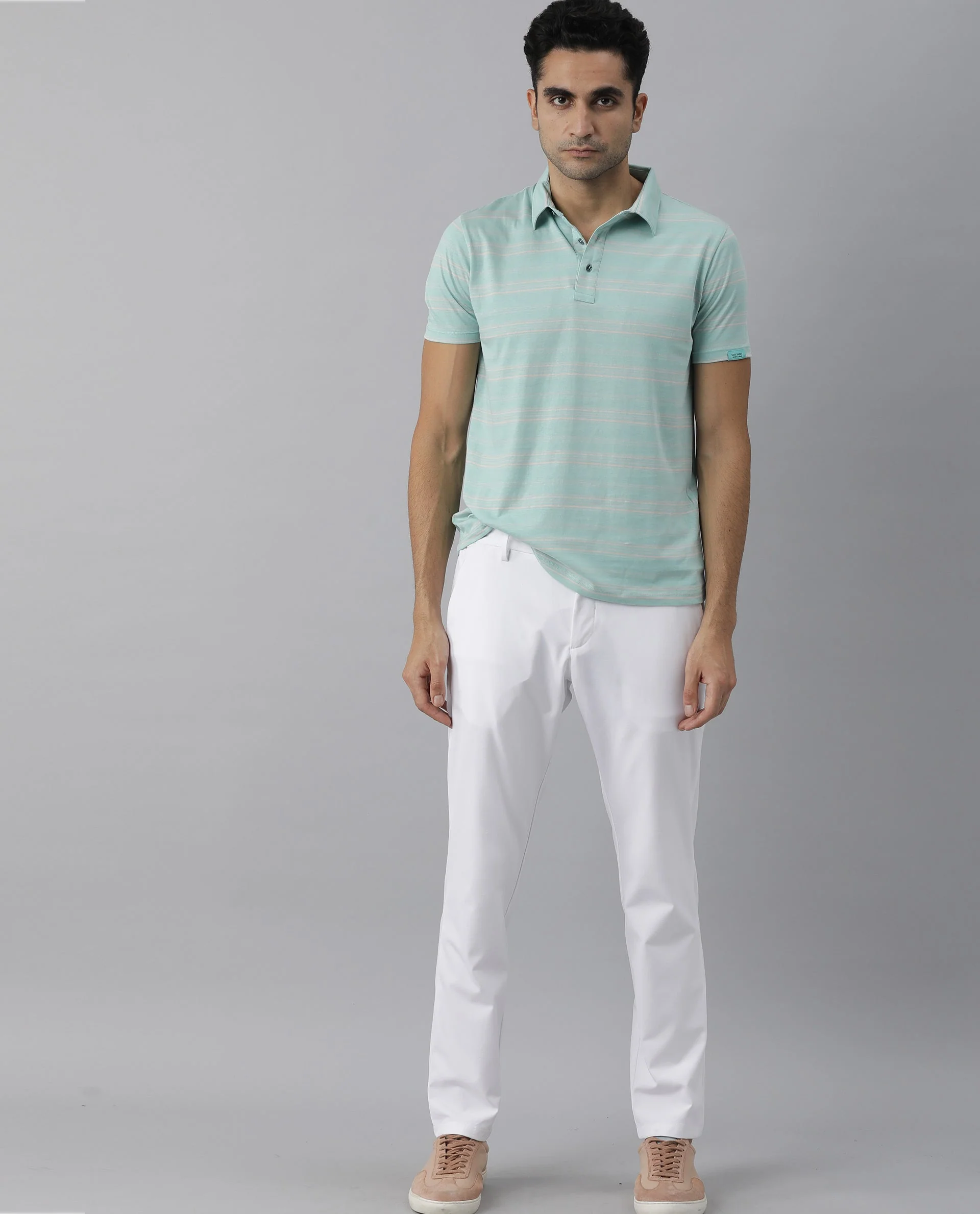 Rare Rabbit Men's Neon Turq Cotton Striped Print Slim Fit Half Sleeve Polo - Image 4