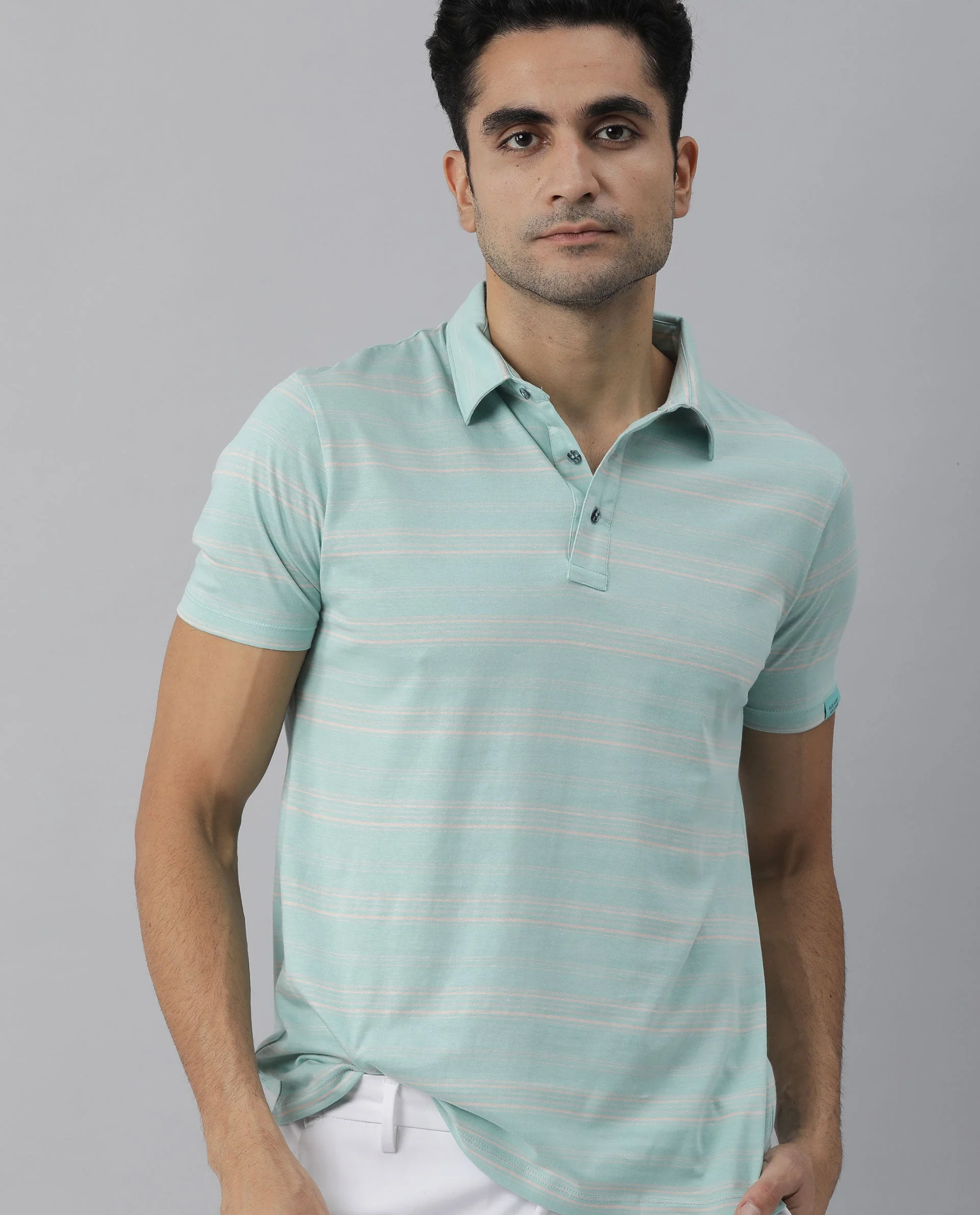 Rare Rabbit Men's Neon Turq Cotton Striped Print Slim Fit Half Sleeve Polo - Image 5