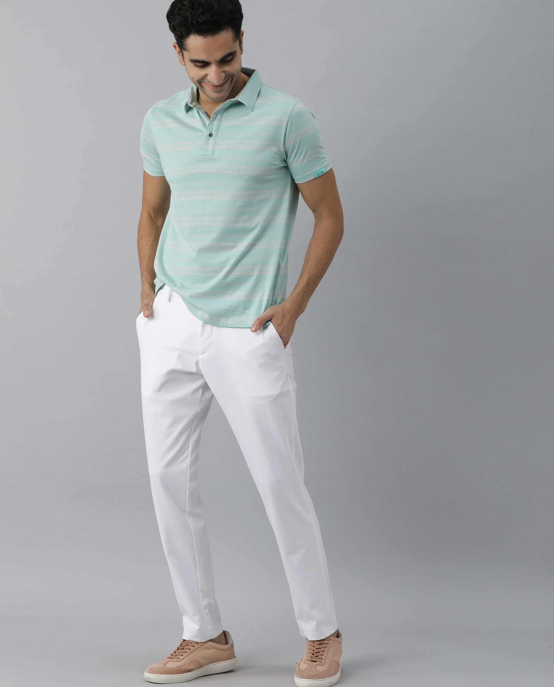 Rare Rabbit Men's Neon Turq Cotton Striped Print Slim Fit Half Sleeve Polo - Image 6