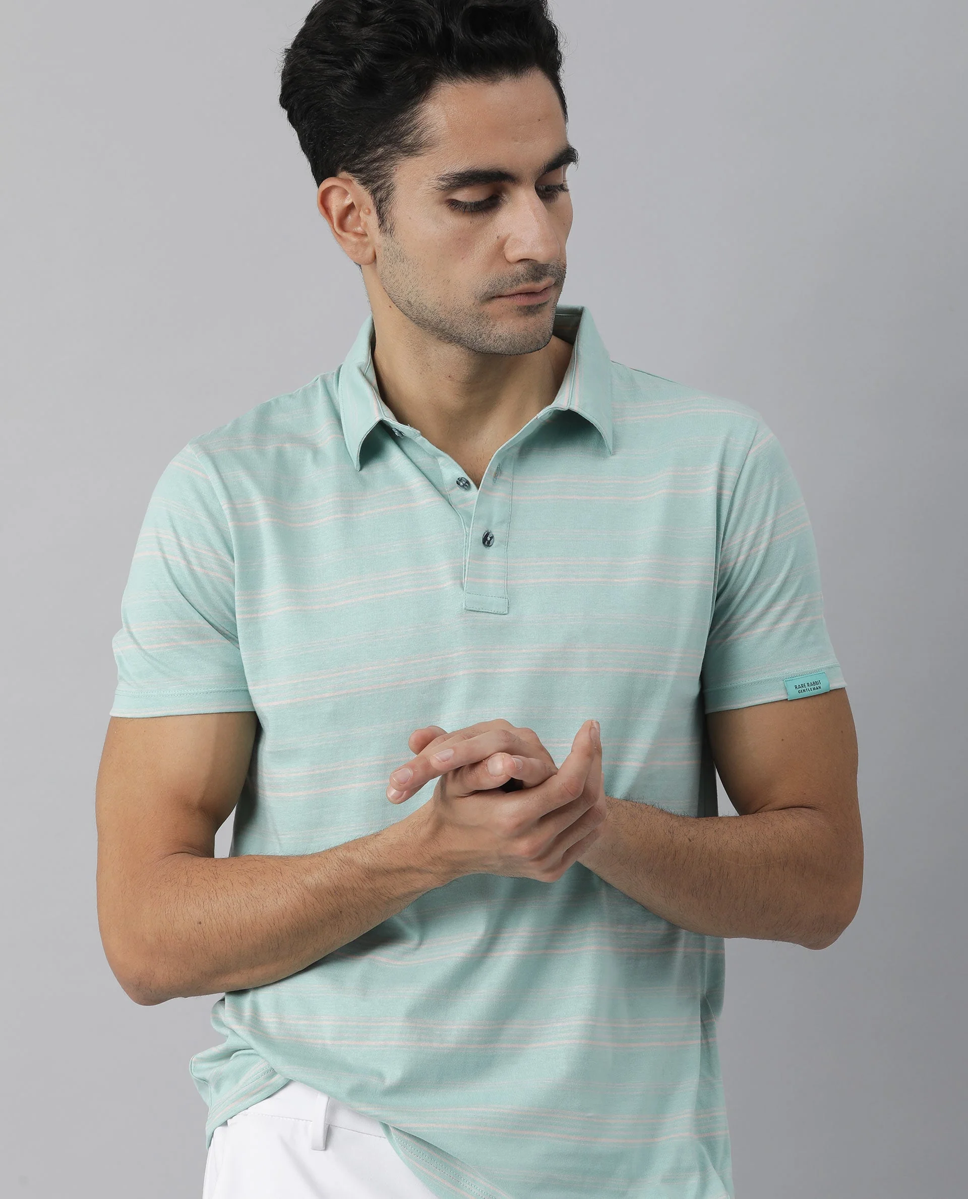 Rare Rabbit Men's Neon Turq Cotton Striped Print Slim Fit Half Sleeve Polo - Image 7