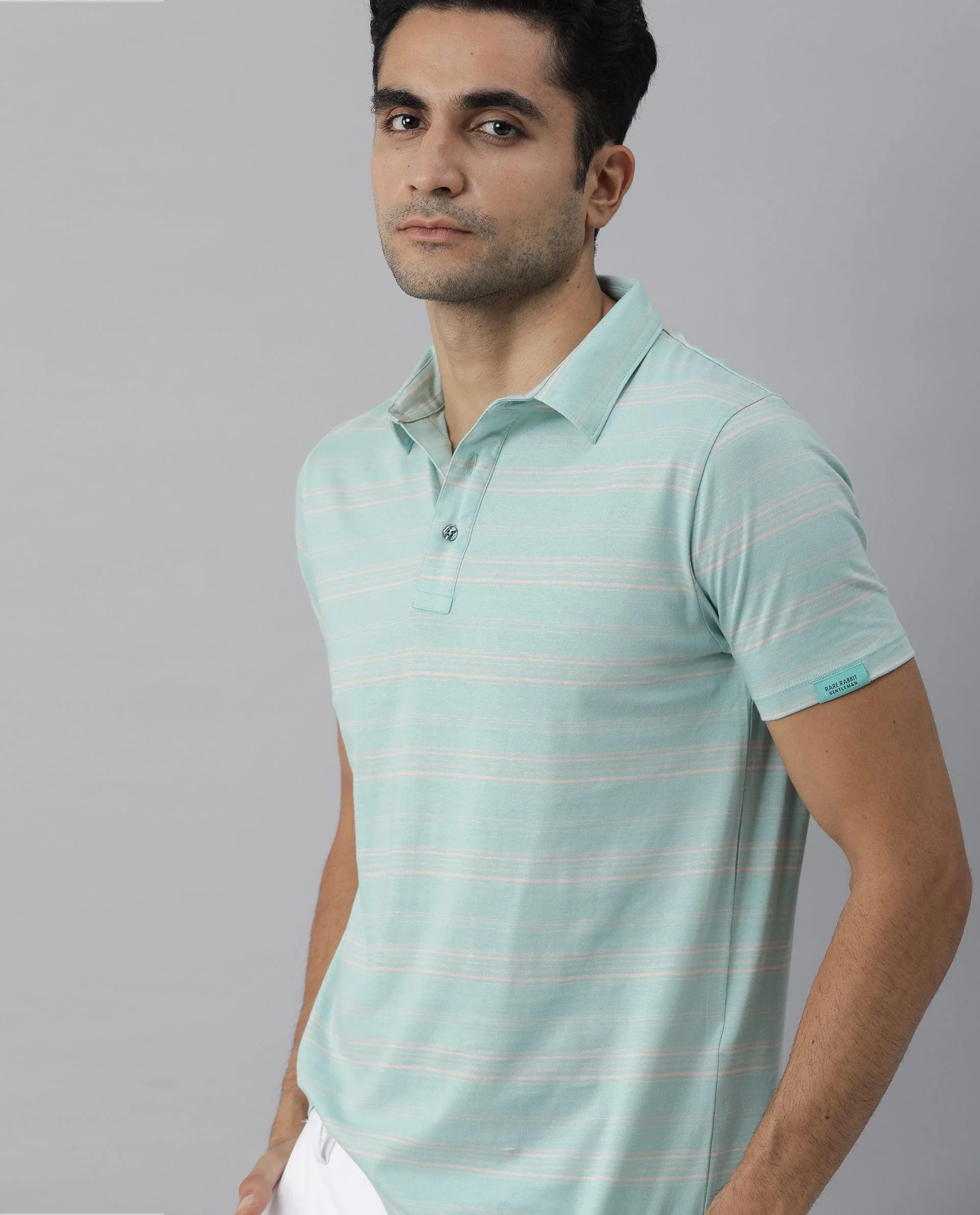 Rare Rabbit Men's Neon Turq Cotton Striped Print Slim Fit Half Sleeve Polo - Image 8